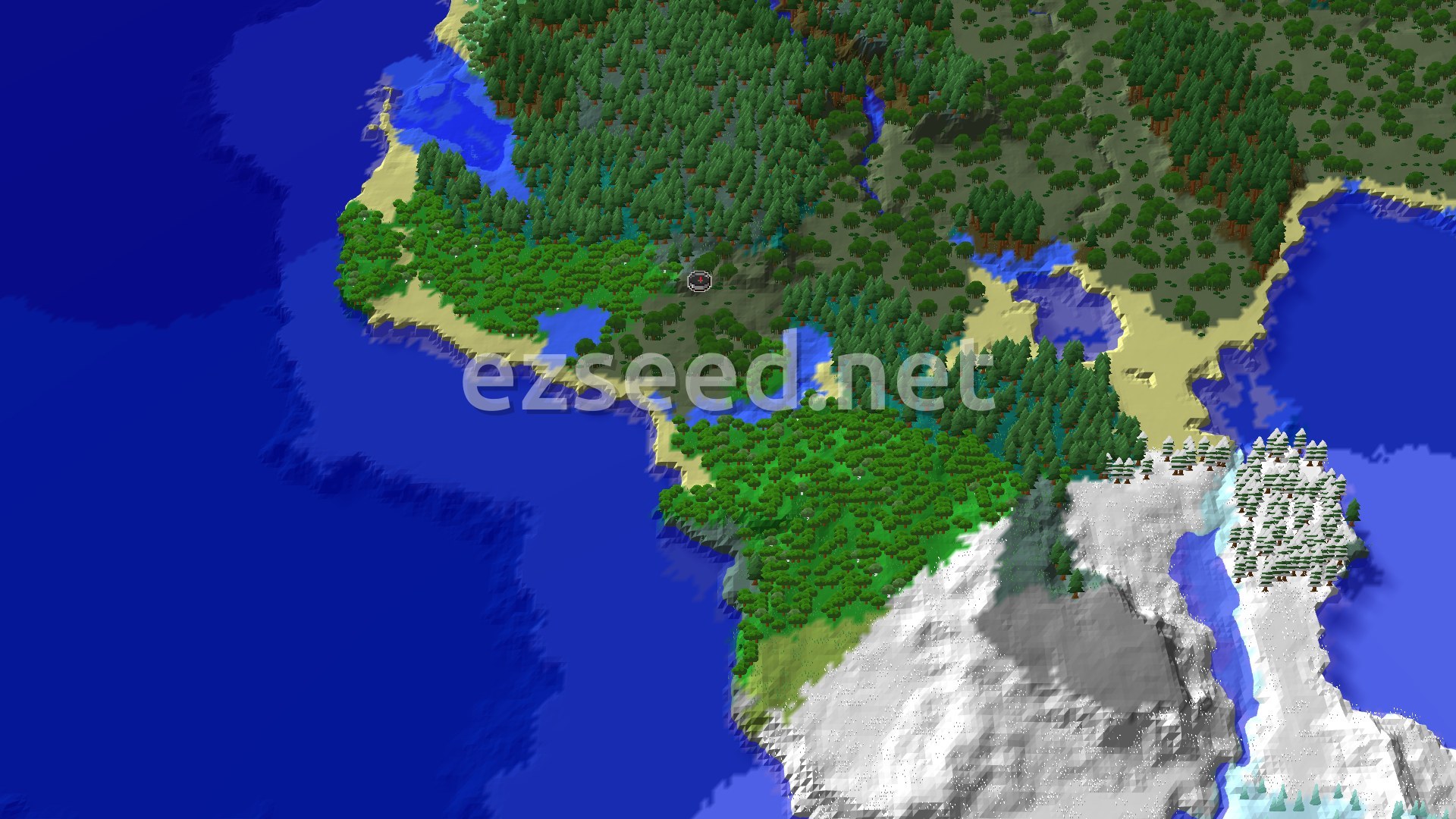 An aerial view of a varied landscape, showing a dark green swamp at the center, surrounded by forests, sandy beaches, and a cold ocean to the west. Snow-capped mountains and snowy forests are visible to the south.