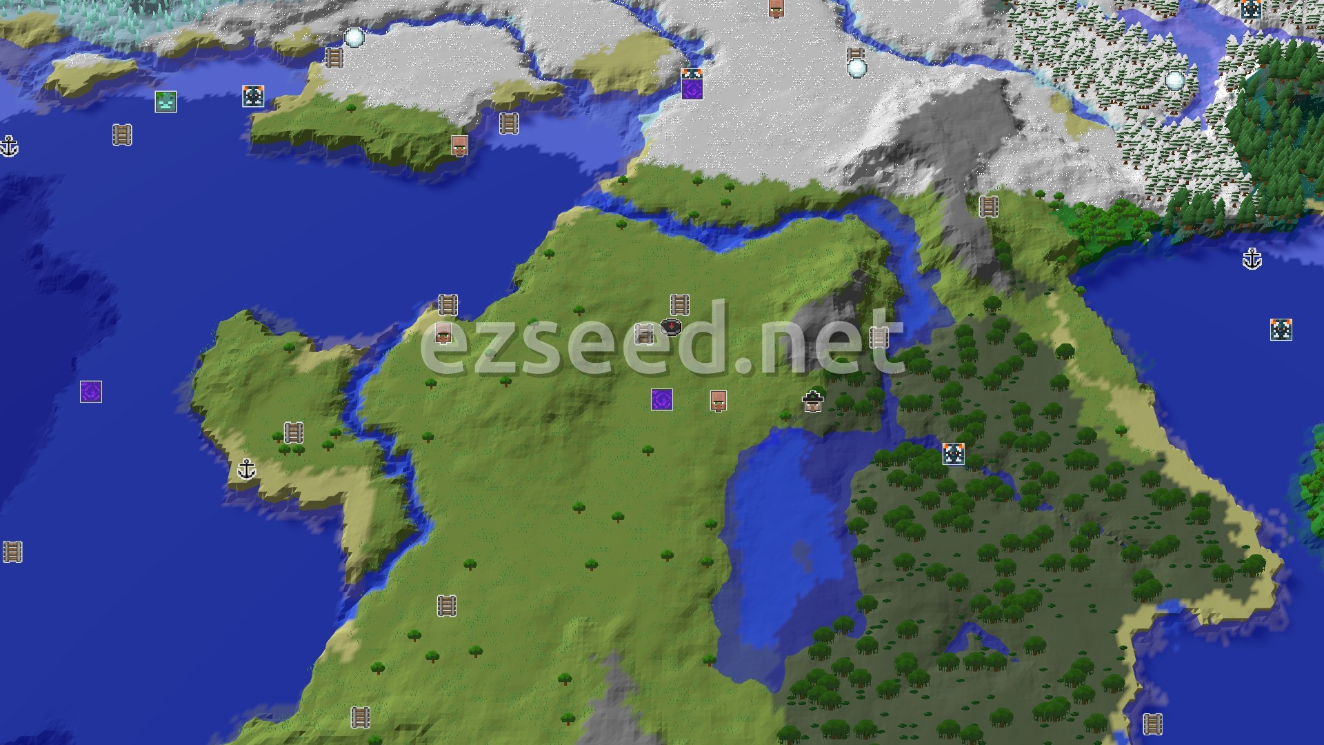 Aerial Minecraft seed map — A Frozen Start: Village and Swamp Hut Near Spawn