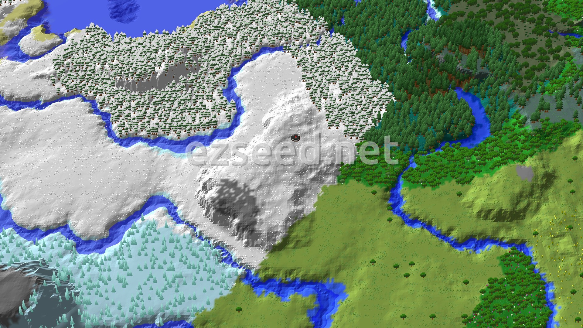 Aerial Minecraft seed map — Trial Chambers and Lush Caves Near Snowy Spawn