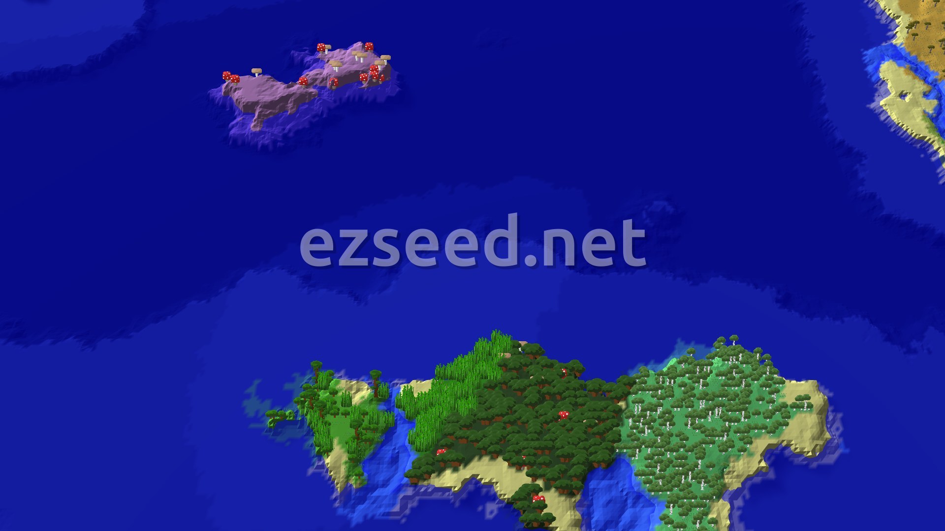 Aerial Minecraft seed map — Mushroom Fields and a Woodland Mansion within Reach