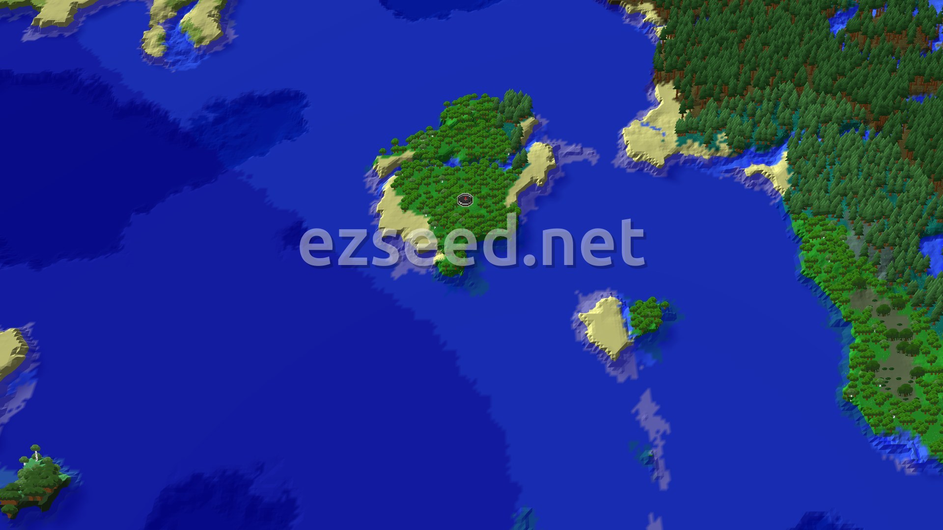 Aerial Minecraft seed map — Spawn on a Forest Island with an Ocean Ruin Nearby