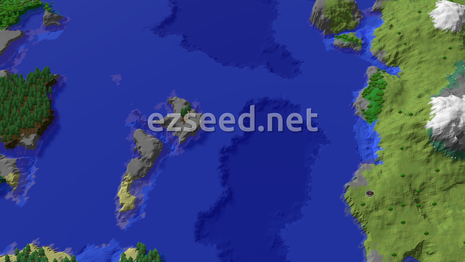 Aerial Minecraft seed map — Spawn Near a Trial Chamber and Icy Peaks