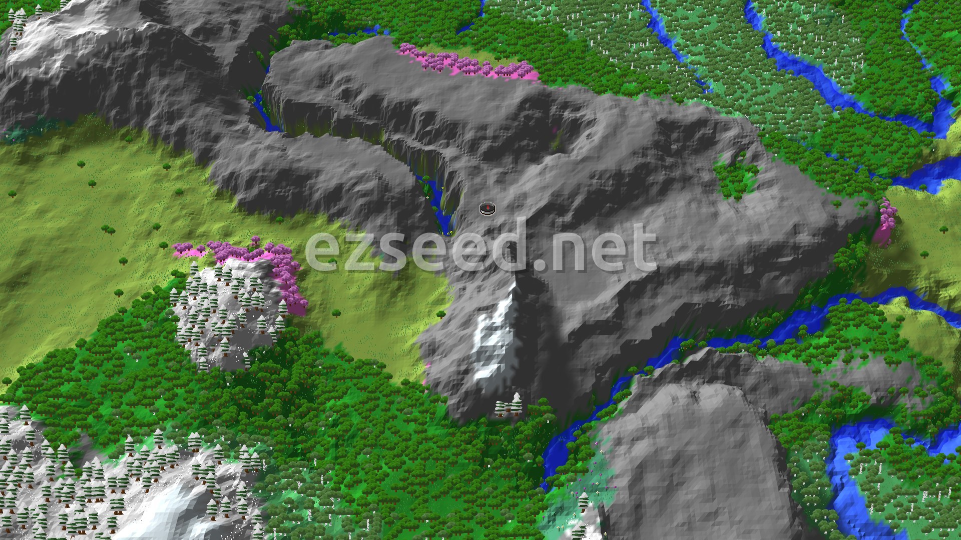 Aerial Minecraft seed map — Cherry Grove Spawn with Nearby Peaks and Ancient City