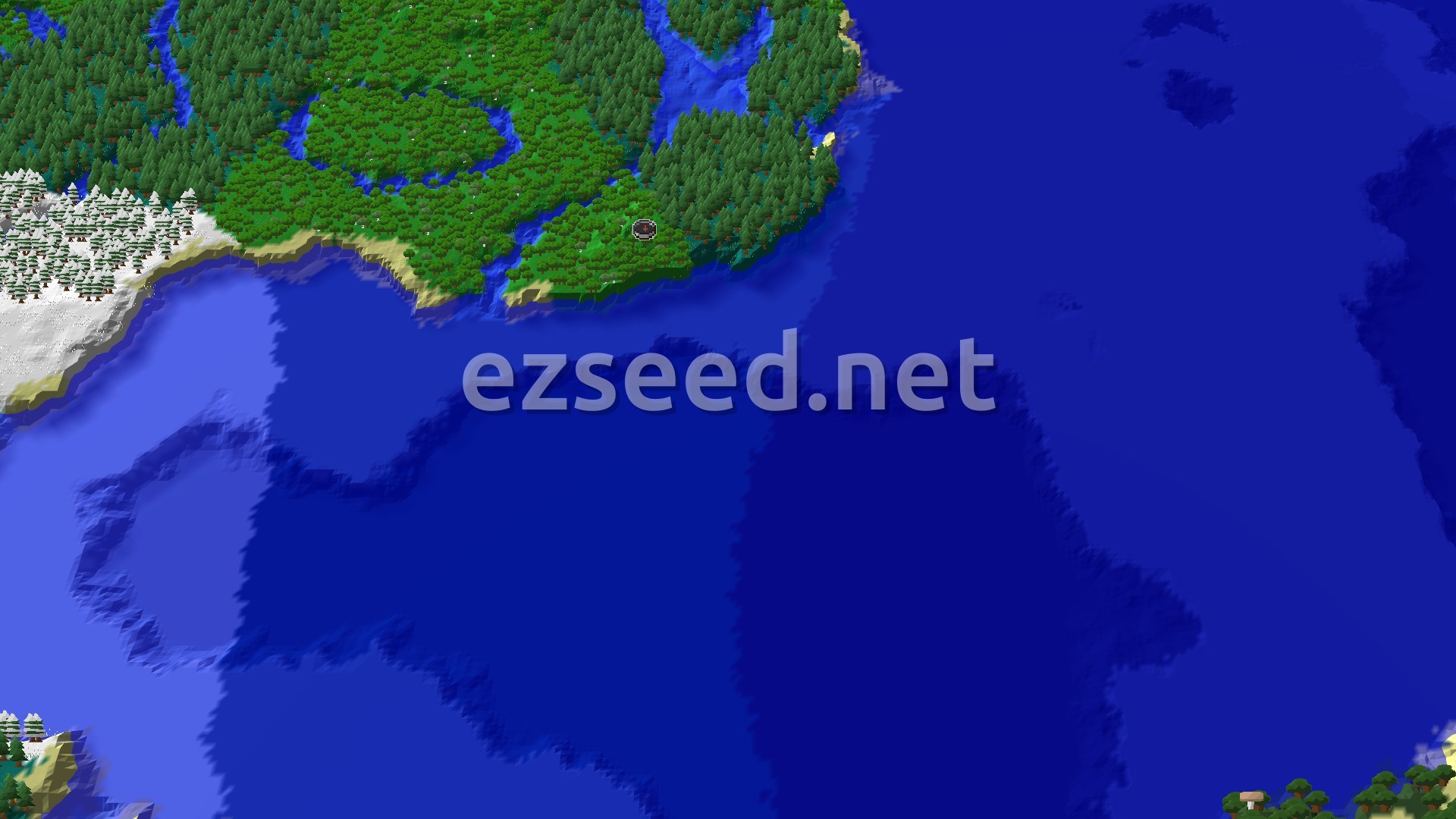 Aerial Minecraft seed map — Trial Chambers and Ocean Monument Near Spawn