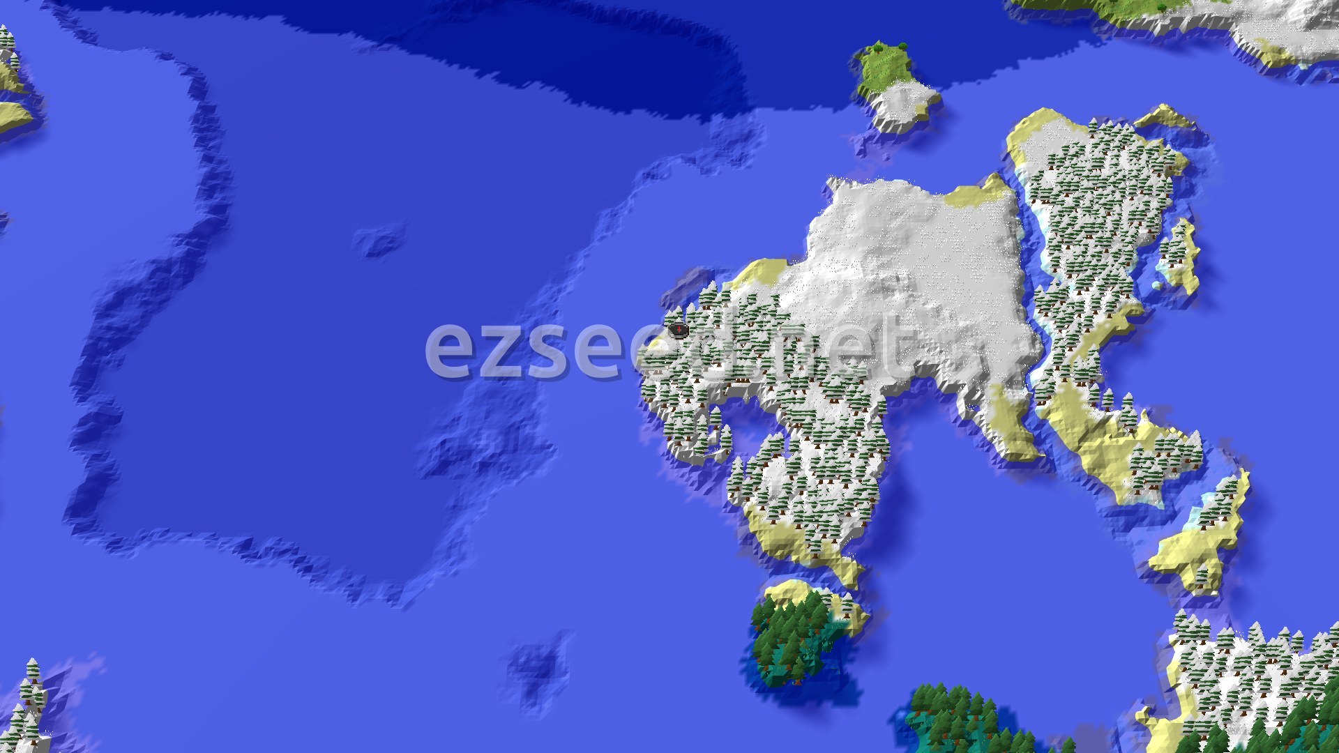 Aerial Minecraft seed map — Spawn in a Snowy Taiga with a Trail Ruin Nearby
