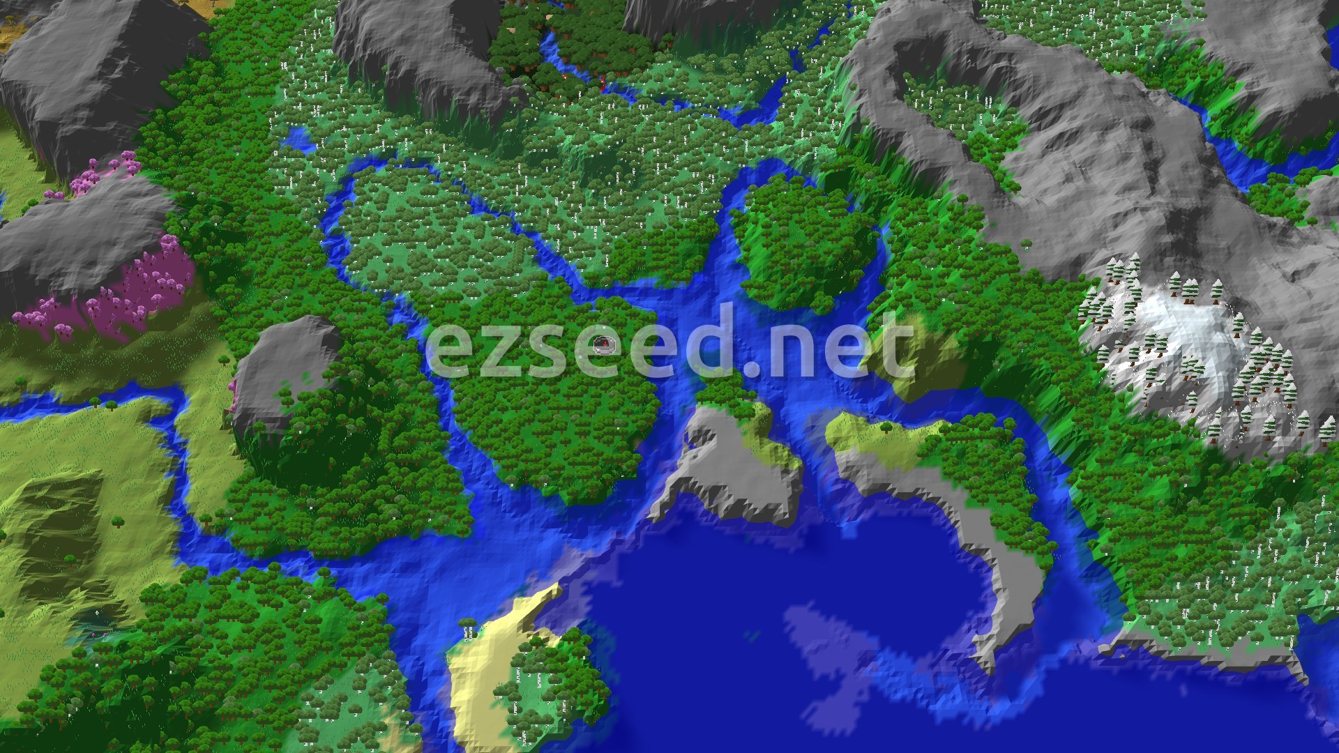 An aerial view of a Minecraft landscape, showing a dense forest surrounding a winding river and a large body of water. Rocky mountains frame parts of the scene, with a small patch of snow-capped trees visible in the upper right. A pink-leafed cherry grove is nestled between grey mountains and green plains on the left.
