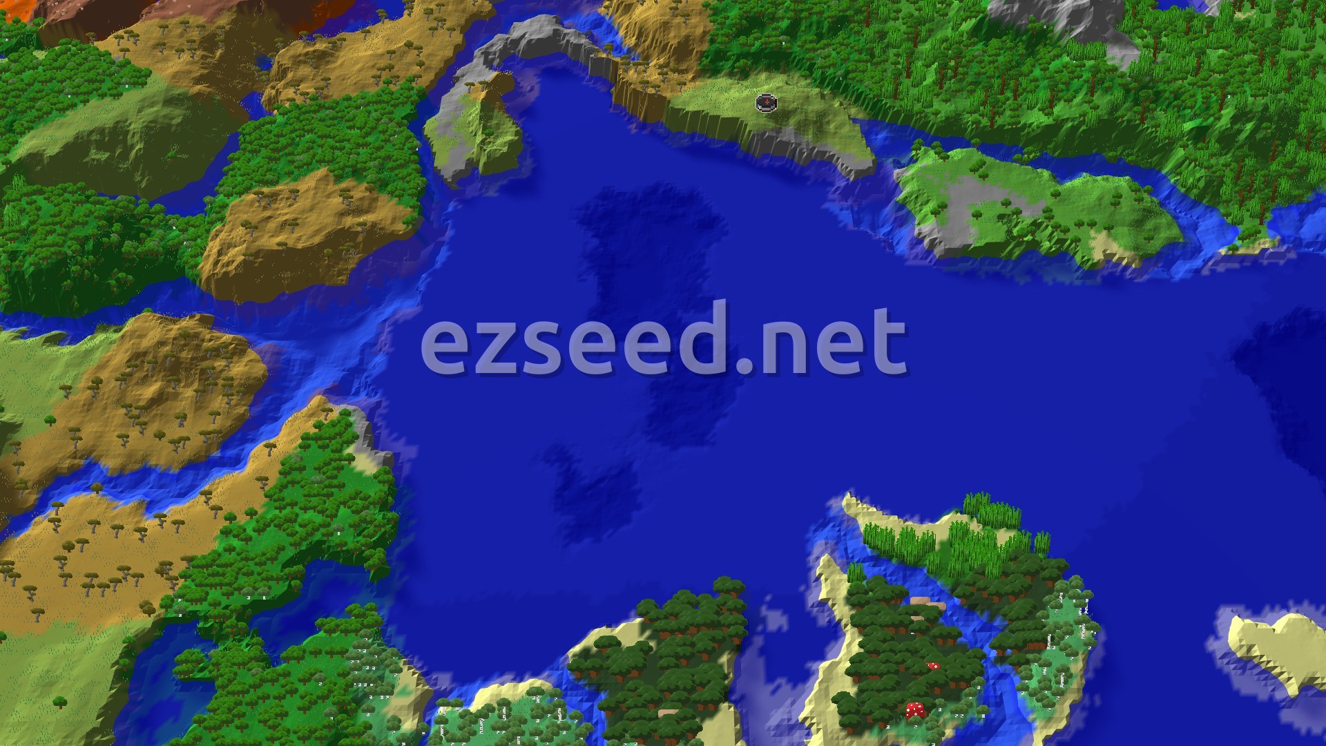 Aerial Minecraft seed map — Spawn Near a Shipwreck, Head for Jungle and Badlands