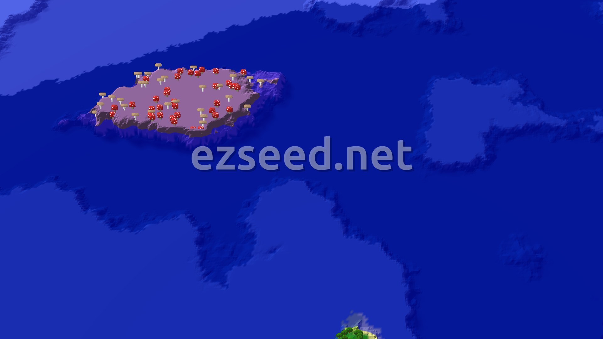 Aerial Minecraft seed map — Mushroom Island and Ocean Monument near Forest Spawn