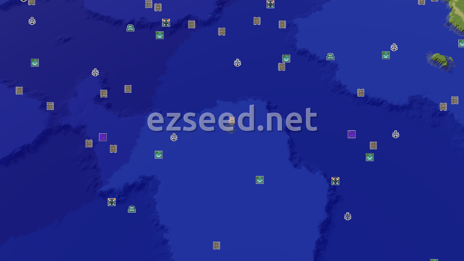 Aerial Minecraft seed map — Ocean, Forest, and Sparse Mountains Near Spawn