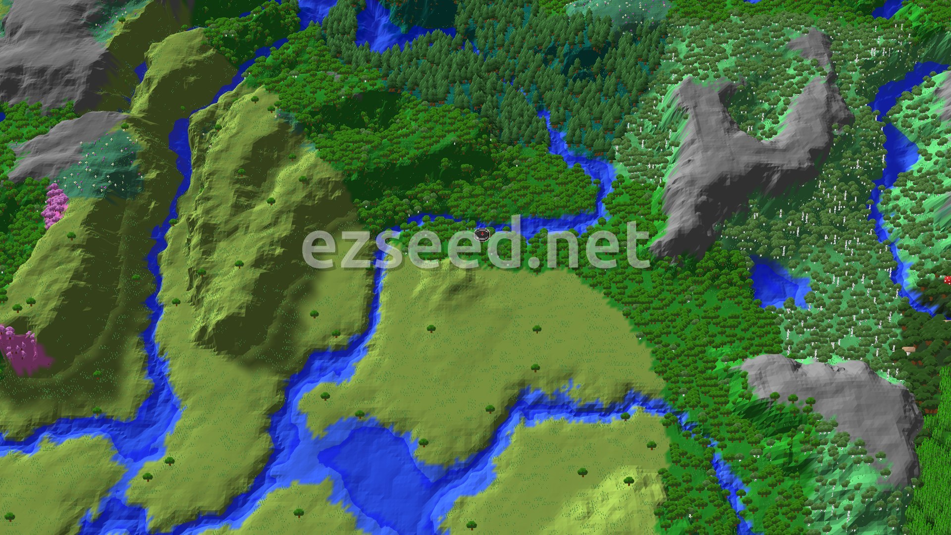 Aerial Minecraft seed map — Forest Spawn with Nearby Ruined Portal and Trial Chambers
