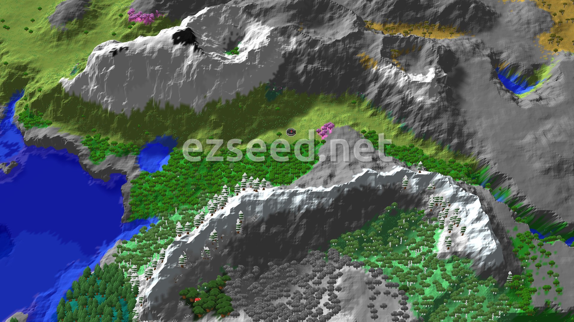 A 3D fly-over shows a green plains area at the center, surrounded by mountains with snowy peaks, a pink cherry grove, and a blue ocean.