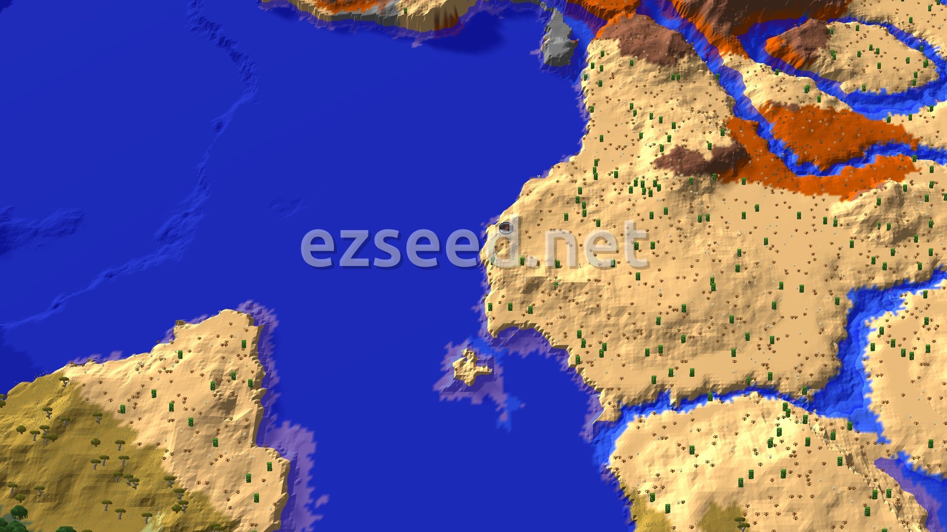 Aerial Minecraft seed map — Desert Spawn with Nearby Badlands and Warm Ocean