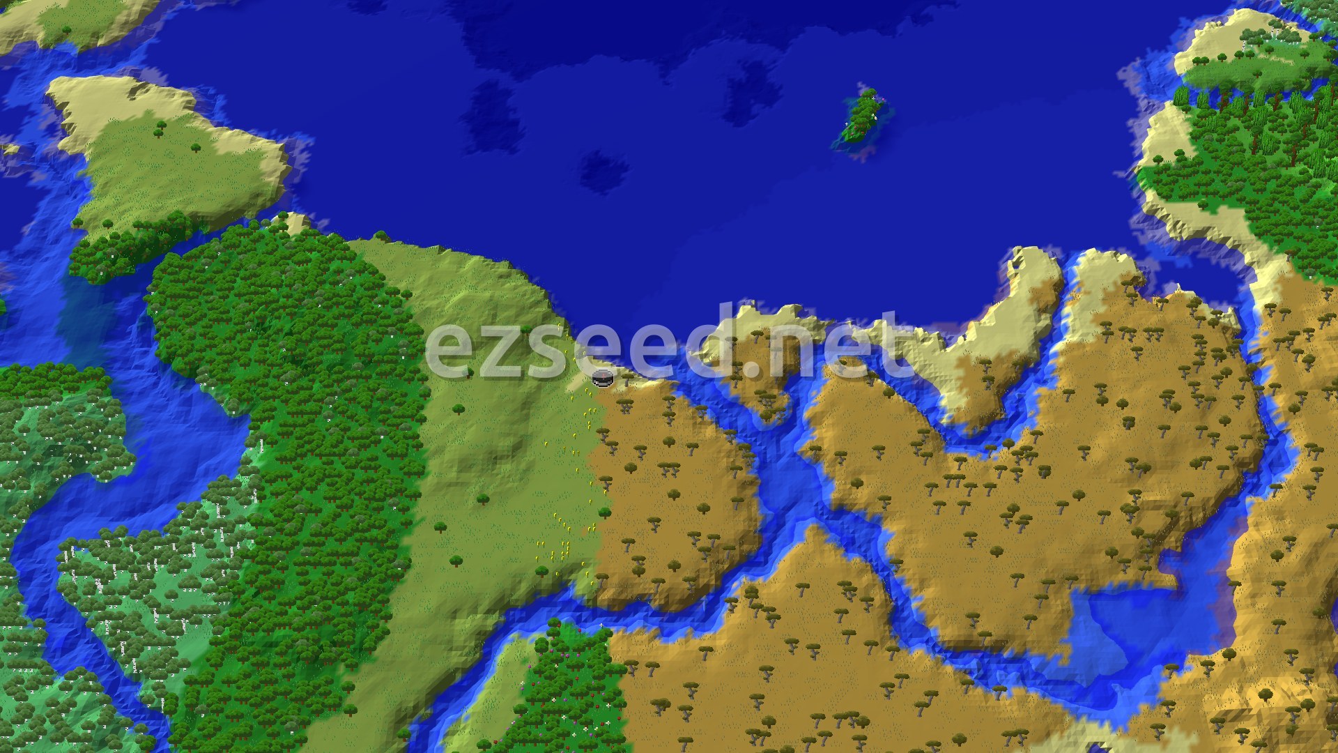 A 3D overhead view of a diverse landscape featuring savannas with acacia trees, plains, and forests, all cut by rivers and coasts bordering a large ocean.