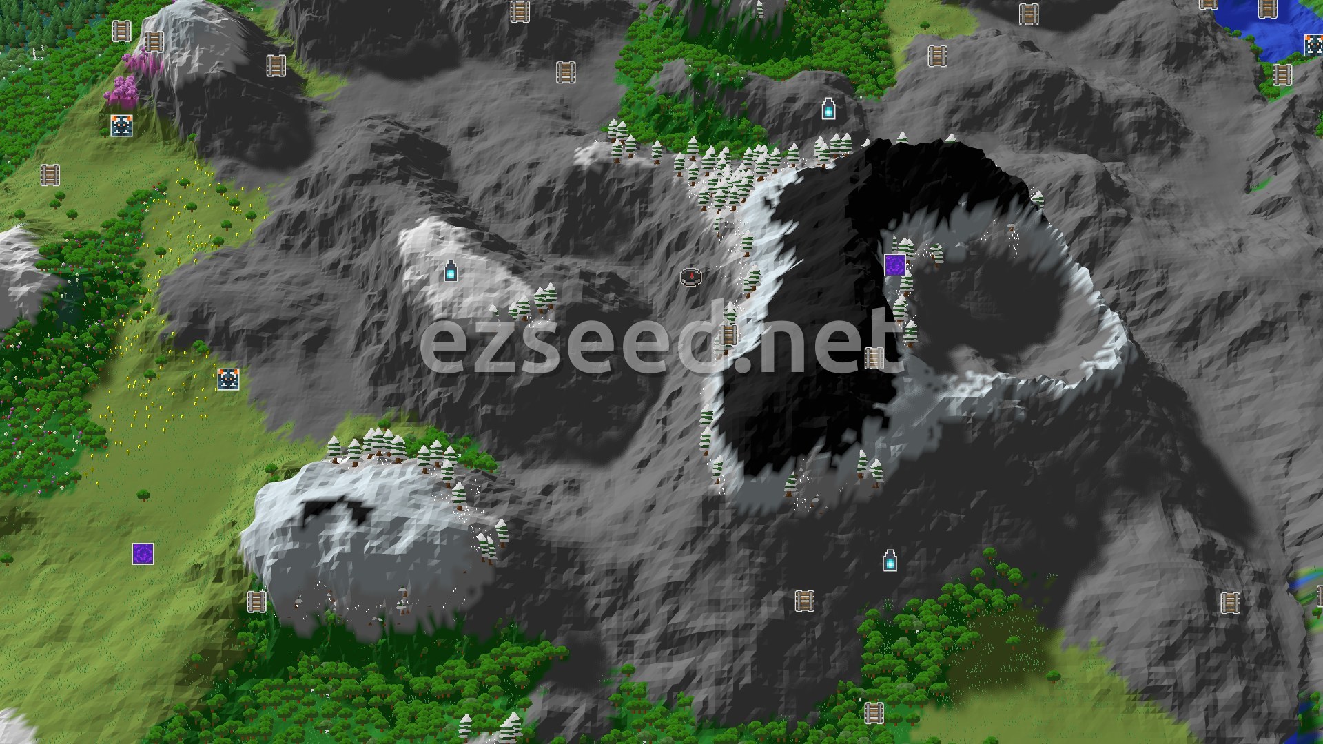 Aerial Minecraft seed map — Frozen Peaks and Jungle Within Reach