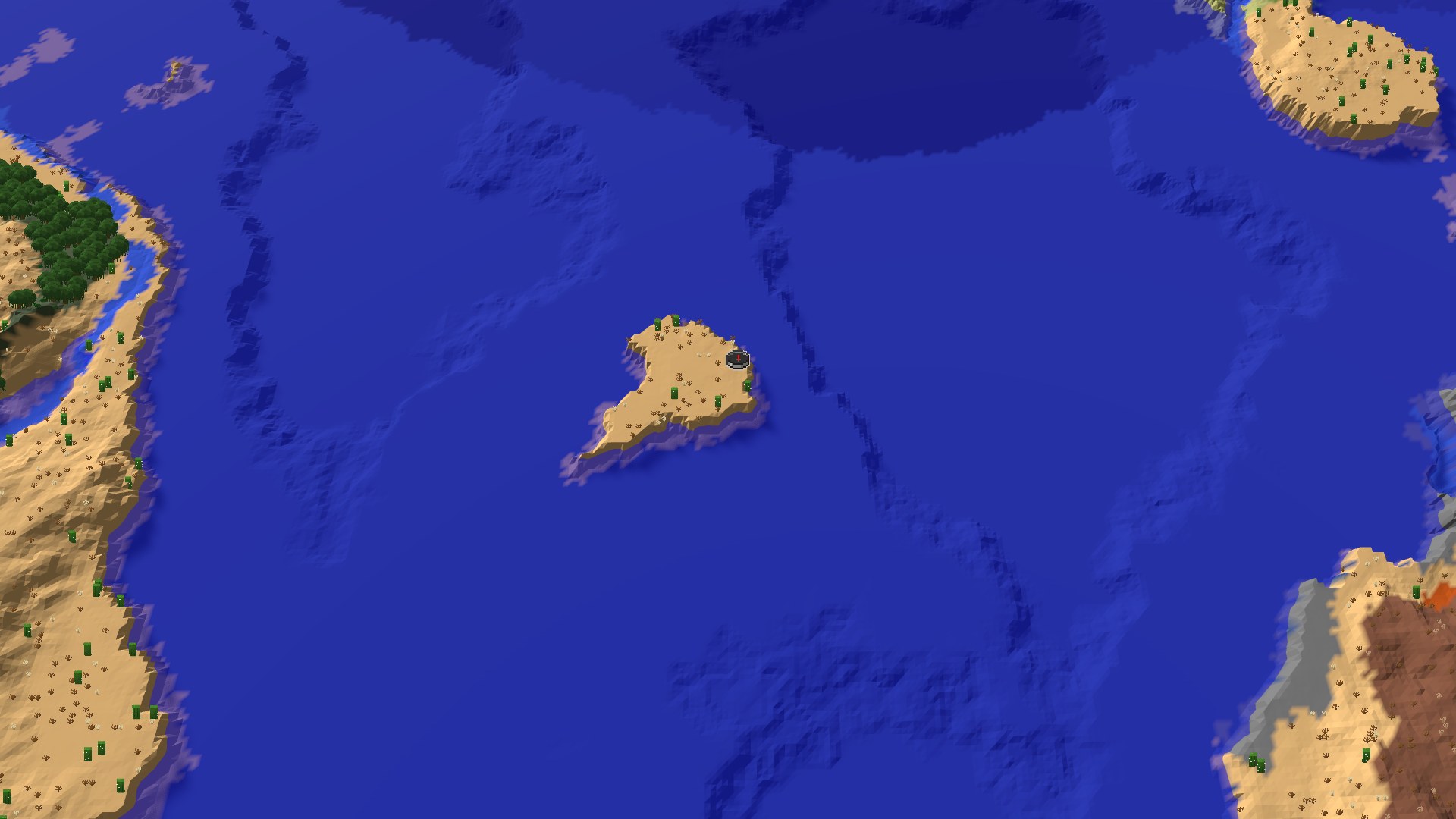 Aerial Minecraft seed map — Desert Island Start with a Nearby Village and Badlands