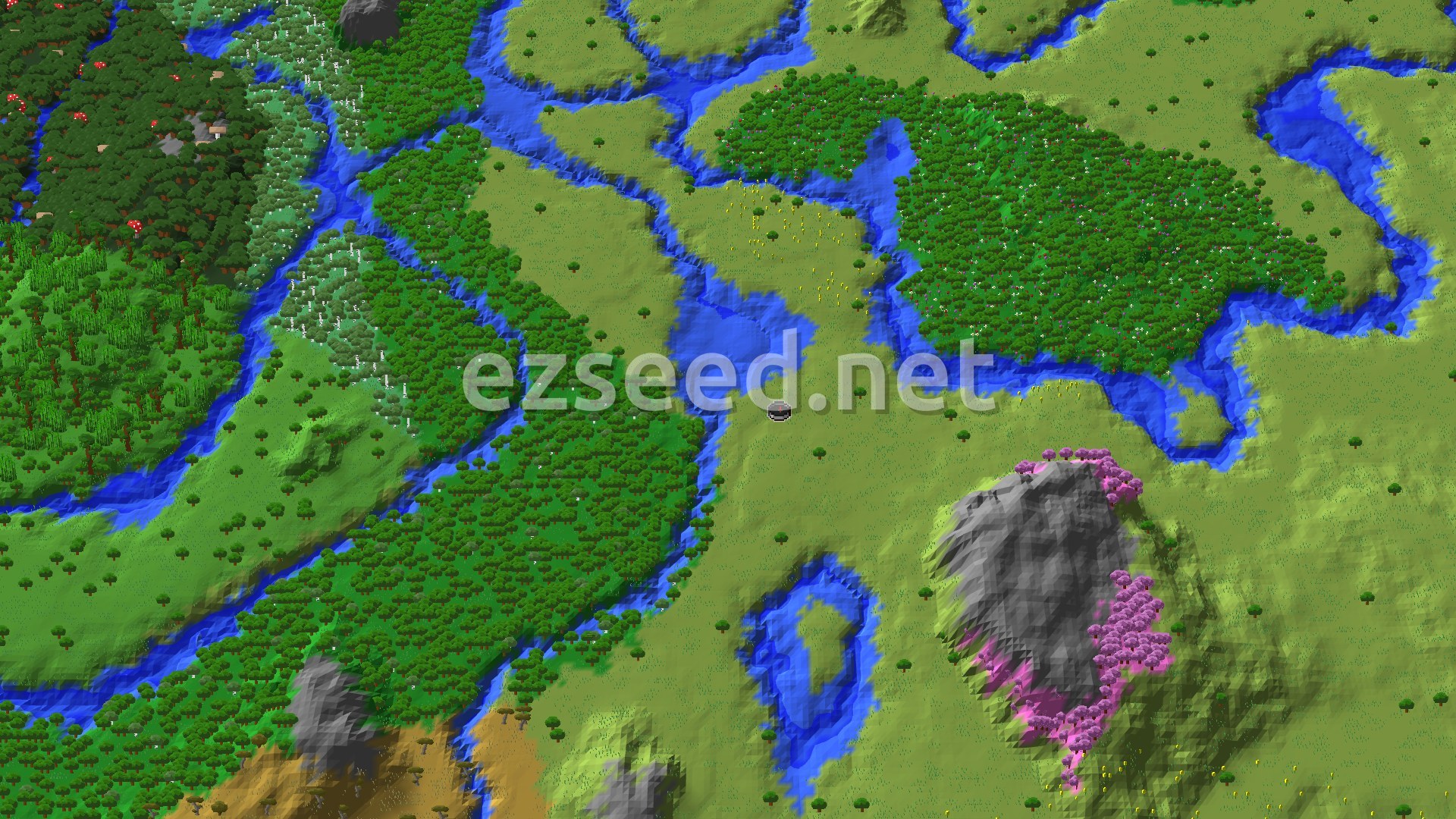 An aerial view shows a flat plains biome at the center, surrounded by rivers and forests, with a prominent cherry grove on a gray mountain to the southeast.