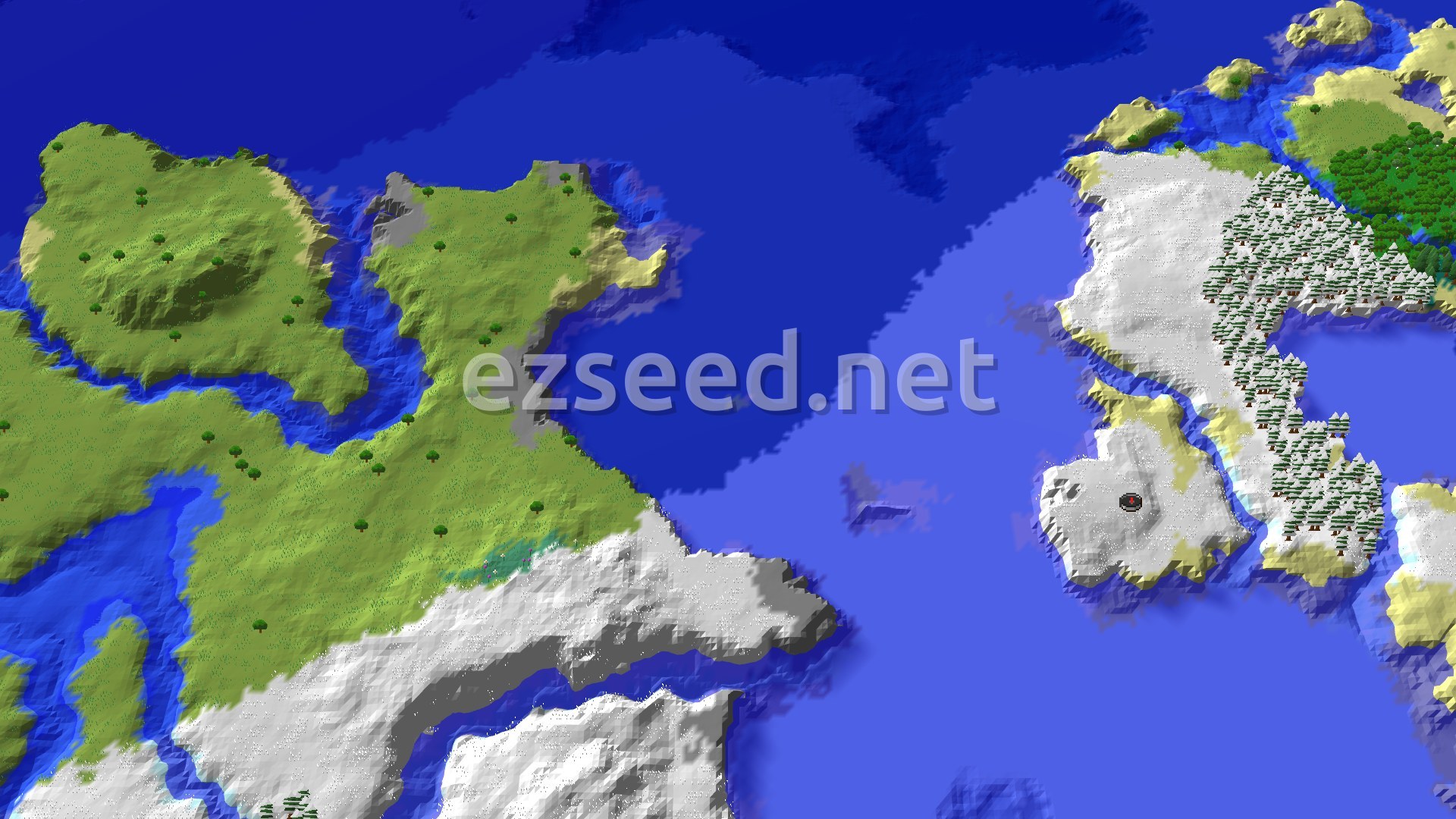 Aerial Minecraft seed map — Snowy Start, Ocean Far, and a Nearby Trial Chambers