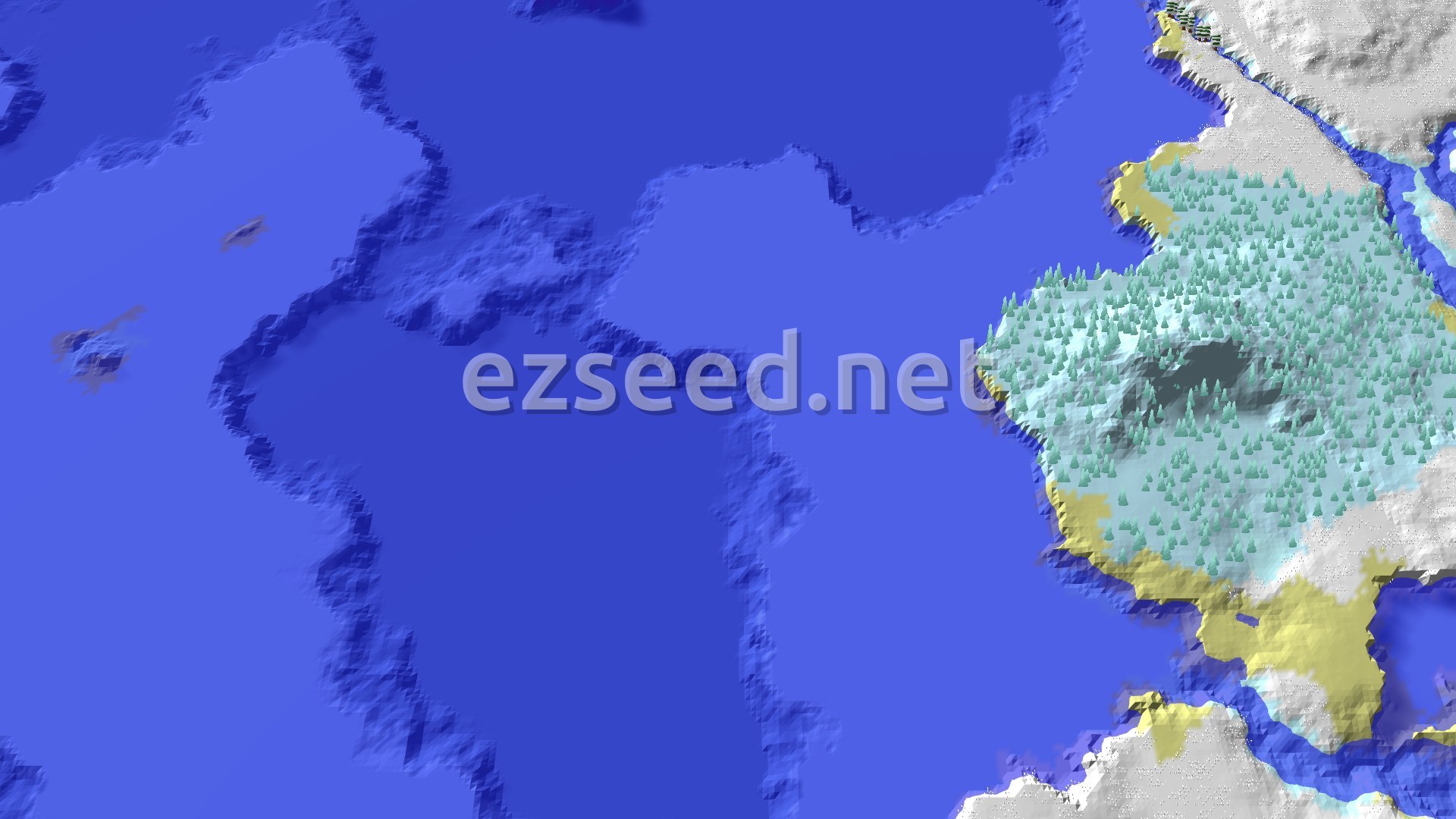 Aerial Minecraft seed map — Frozen Ocean Start With Nearby Village and Trail Chambers