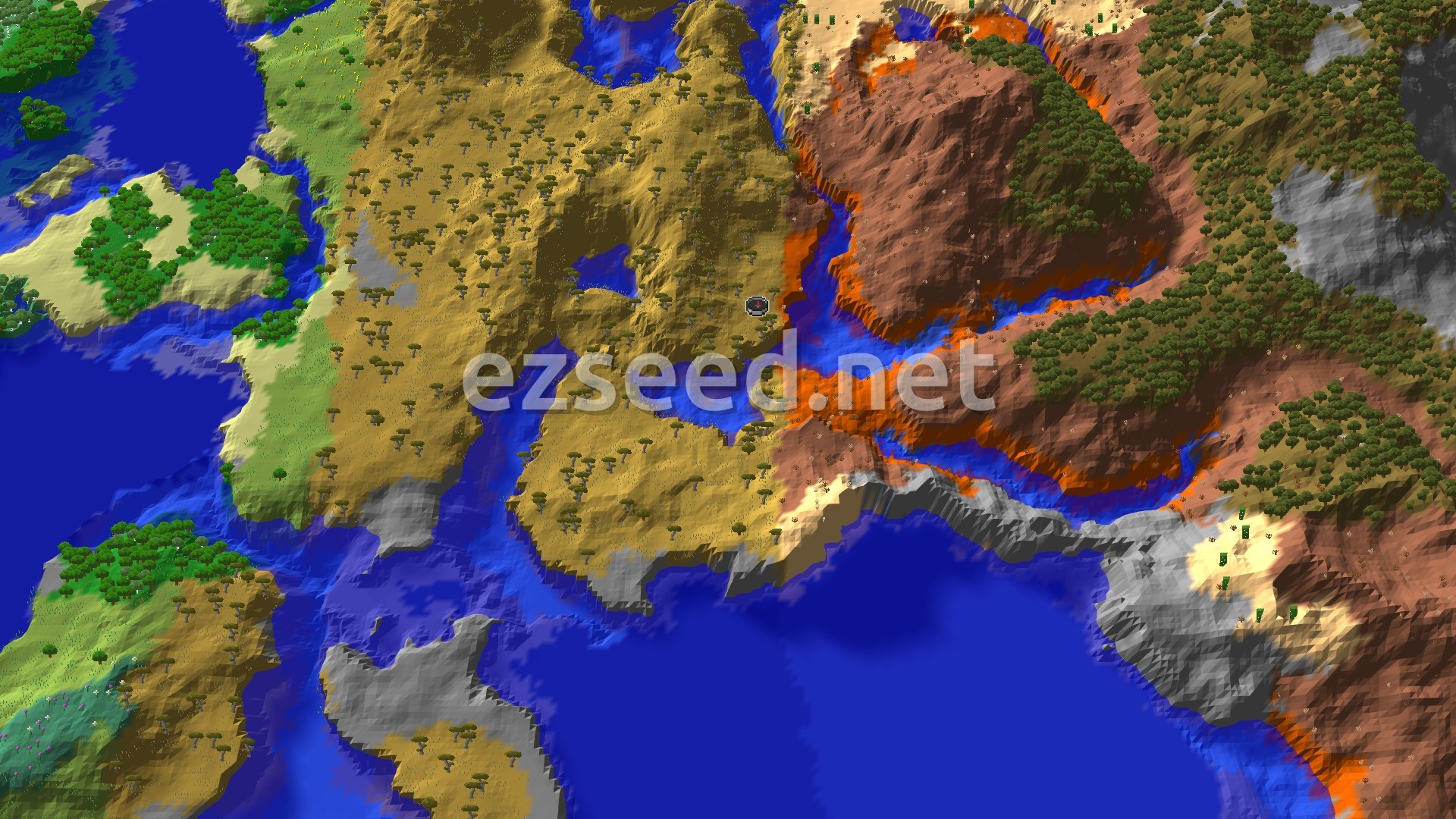 Aerial Minecraft seed map — Ancient City and Trial Chambers Near Badlands Spawn