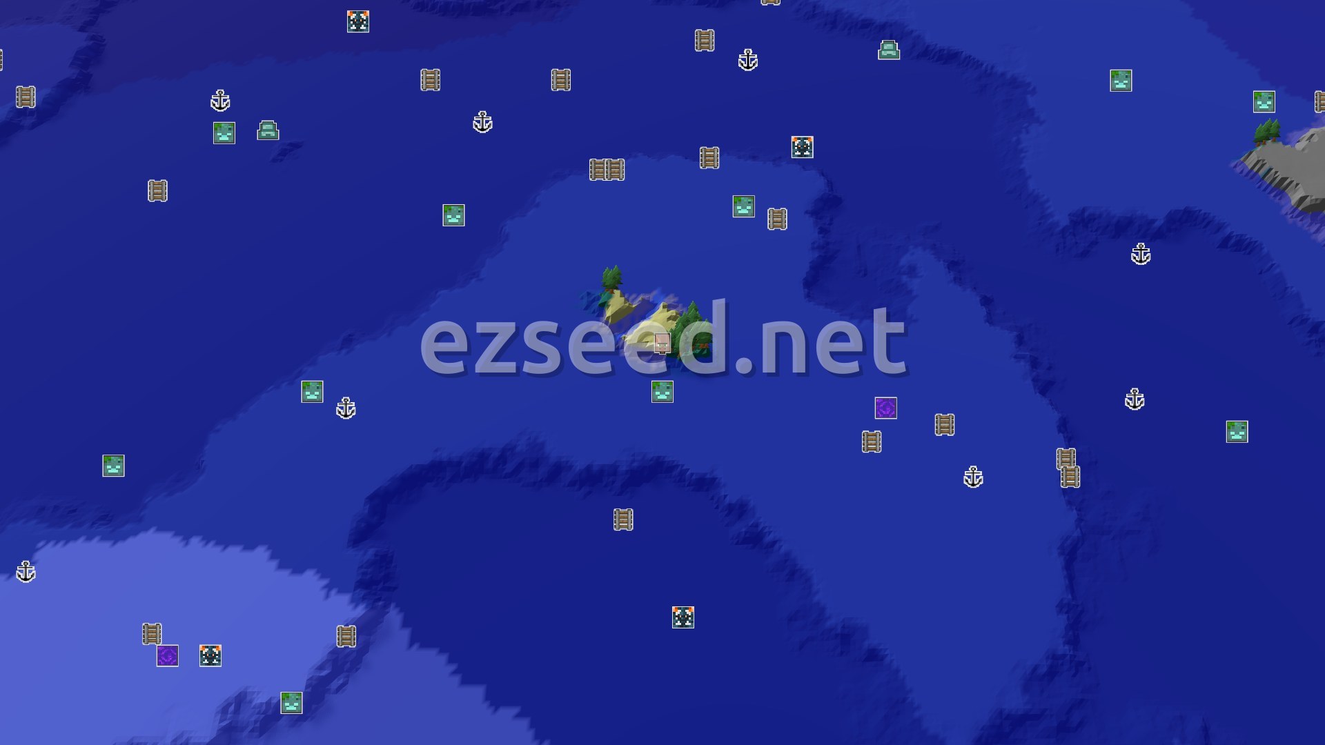 Aerial Minecraft seed map — Ocean Spawner Start with Trial Chambers Nearby