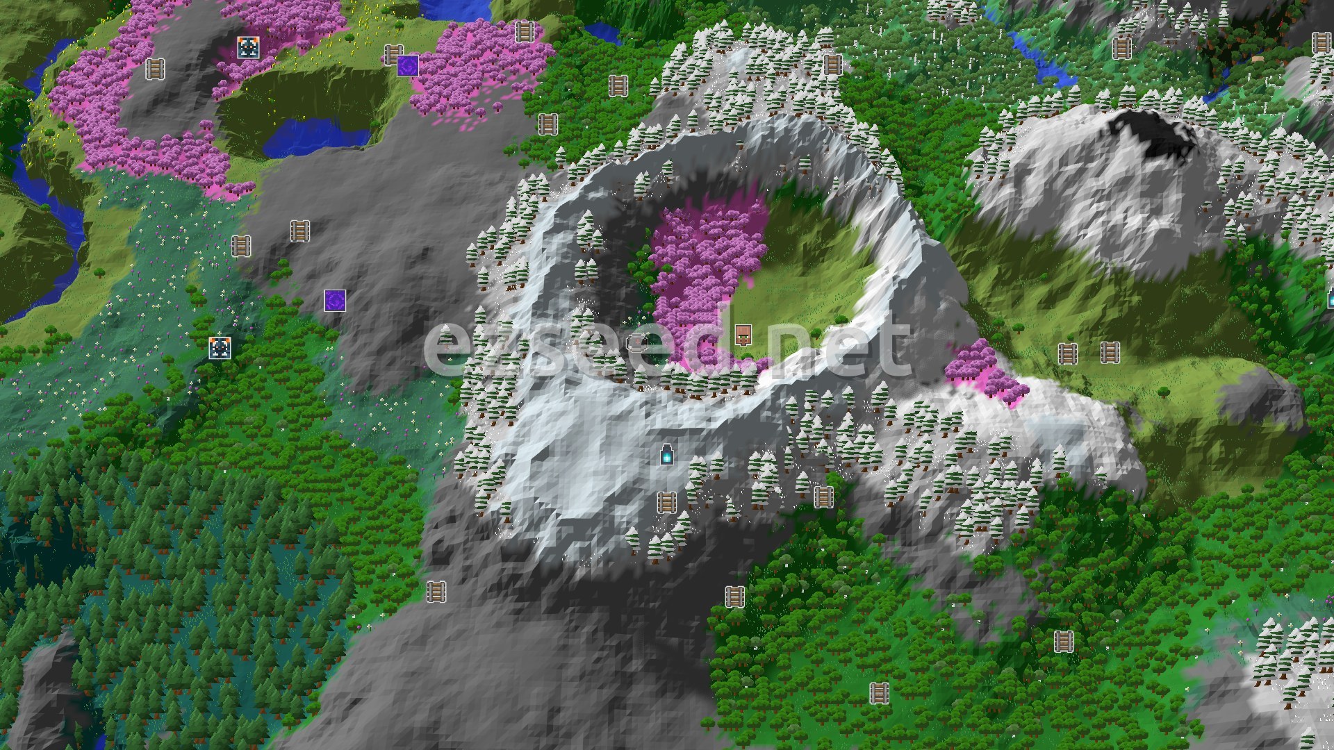 Aerial Minecraft seed map — A Mountainous Start with Nearby Cherry Groves