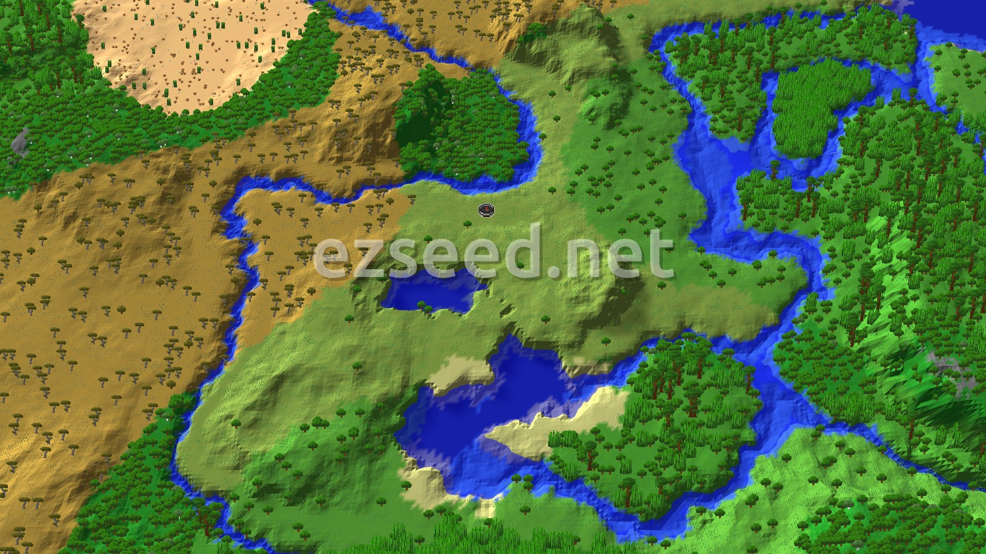 Aerial Minecraft seed map — Savanna Hills, Jungle, and a Near Ancient City