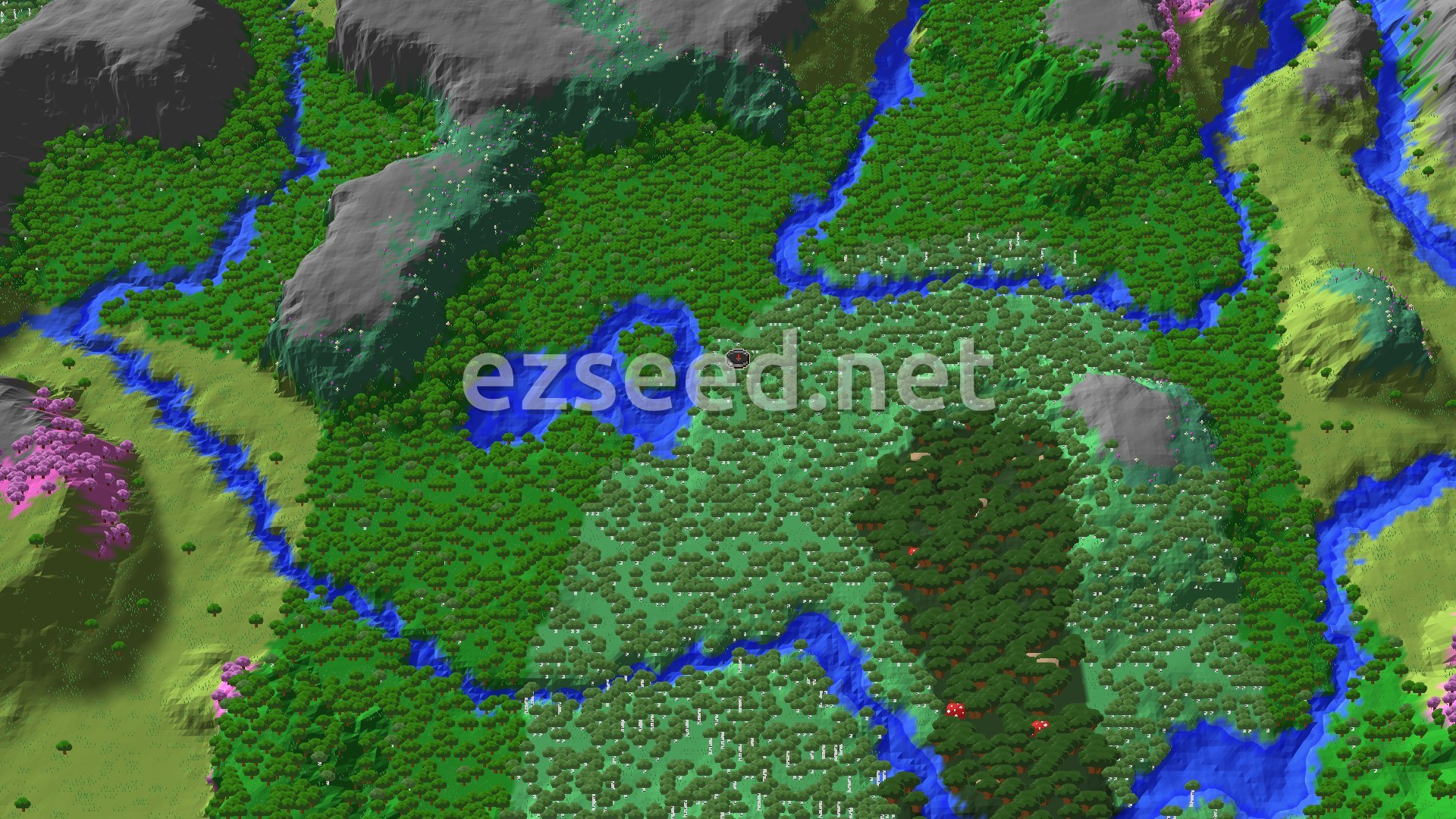 Aerial Minecraft seed map — Wooded Spawn with Nearby Ancient City
