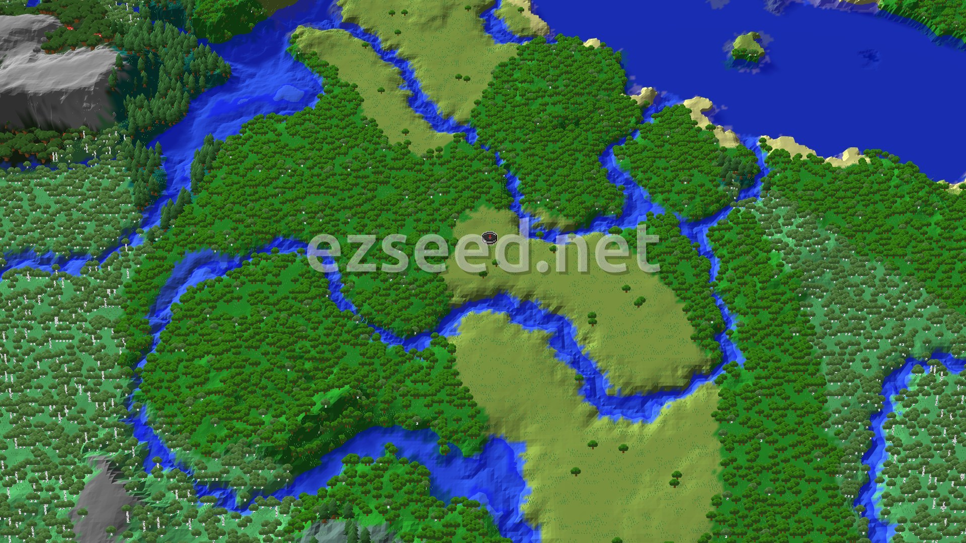 Aerial Minecraft seed map — A Quiet Start with Nearby Villages and Lush Forests