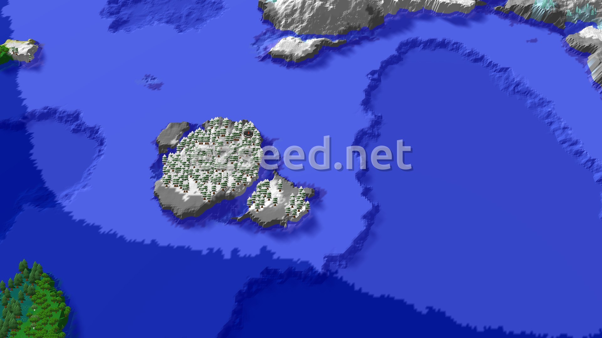 Aerial Minecraft seed map — Frozen Ocean Spawn with Distant Ancient City
