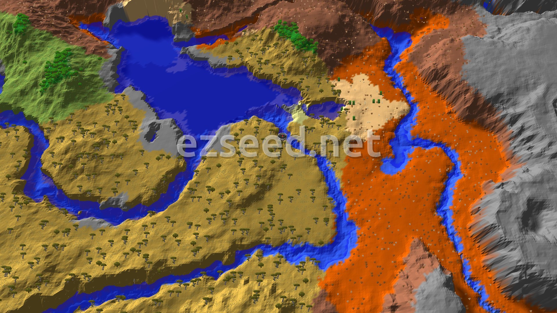 An aerial view of a wide savanna dotted with trees, bordering a large body of water. Badlands and other mountainous biomes are visible in the distance.