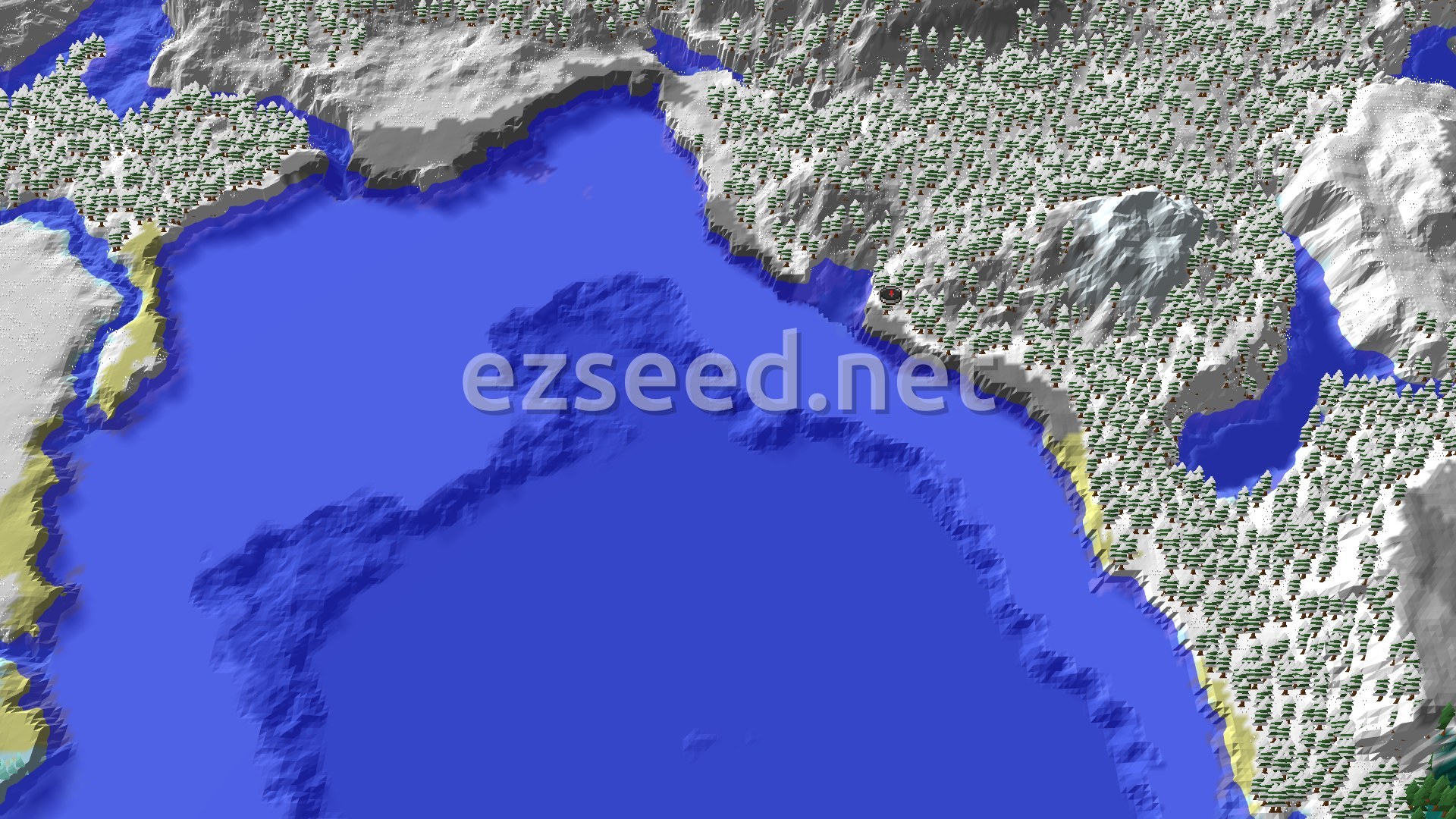 Aerial Minecraft seed map — Spawn in a Snowy Taiga with a nearby Igloo and Frozen Peaks