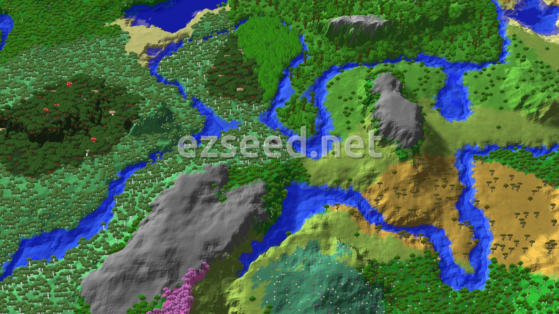 Aerial Minecraft seed map — Bamboo Jungle and Trial Chambers Near Spawn