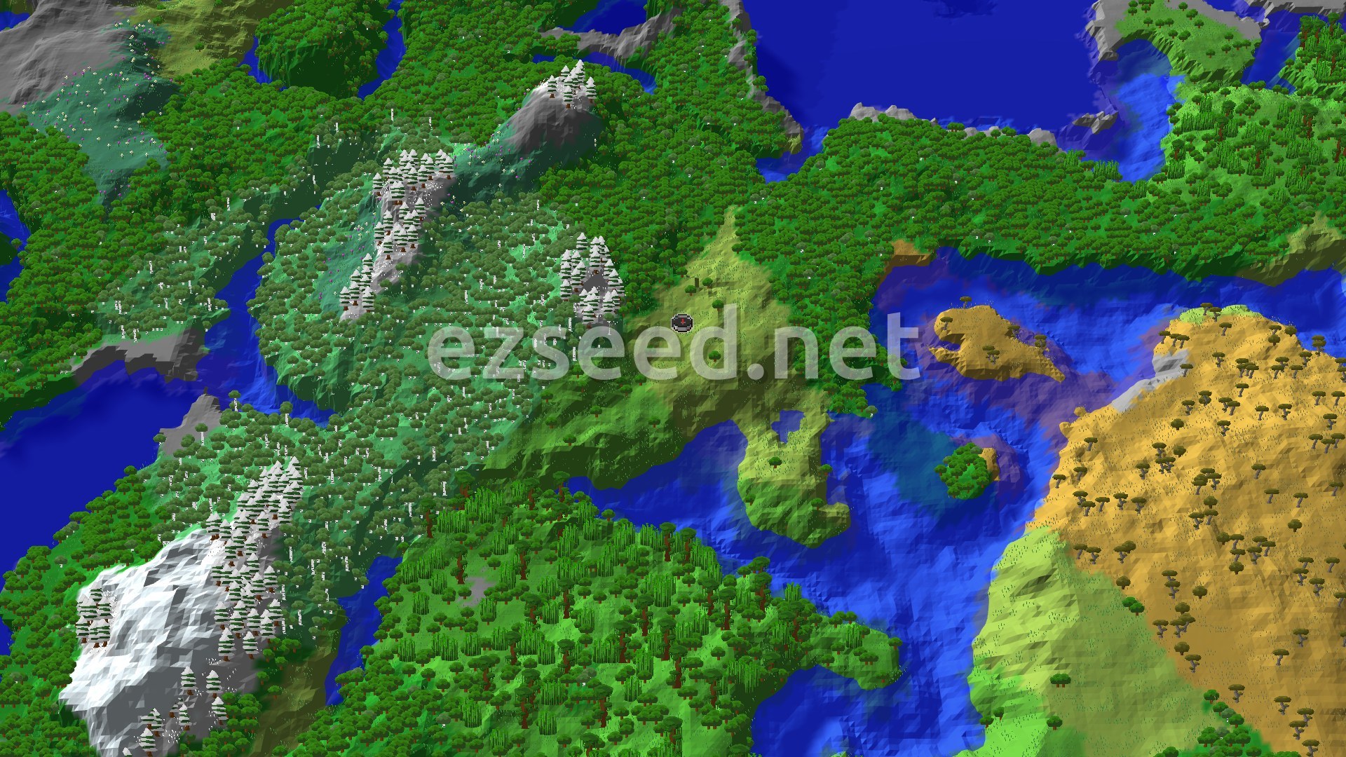 A 3D render of the world around spawn, showing a central plains area surrounded by forests, a river, and distant snowy peaks and savanna biomes.