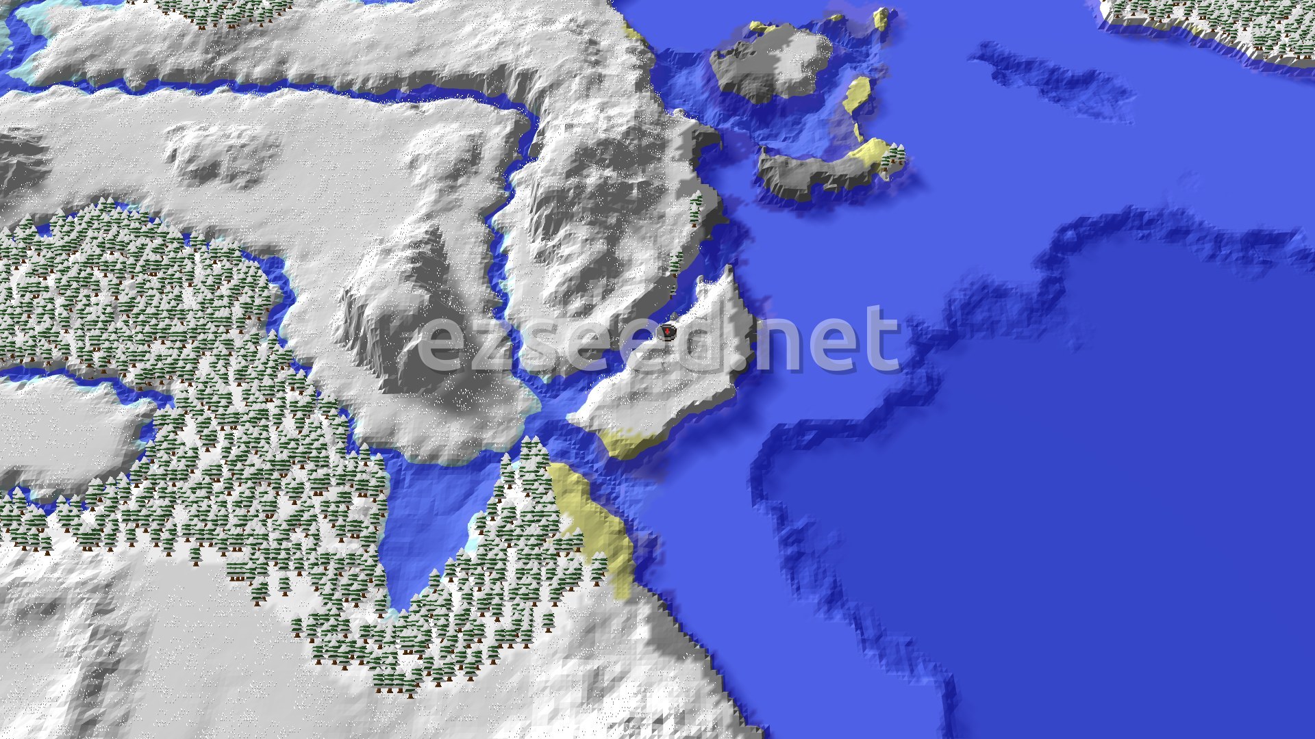 An aerial view of a snow-covered landscape with a large frozen ocean to the east and south, and a dark green snowy taiga forest to the west. A red spawn marker is visible near the coast.