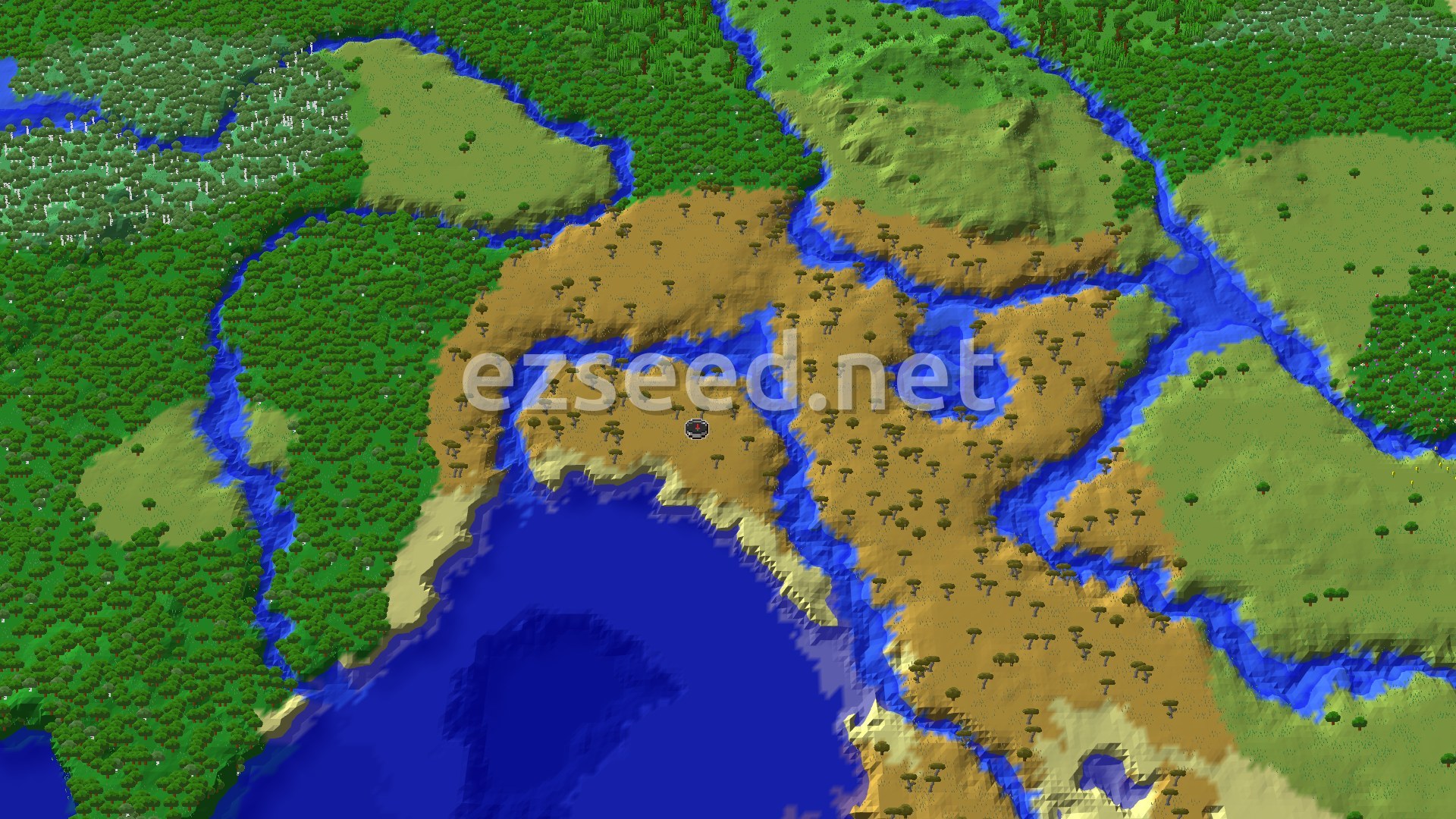 An aerial view shows a savanna biome with scattered acacia trees, bordered by rivers and forests, with an ocean nearby.