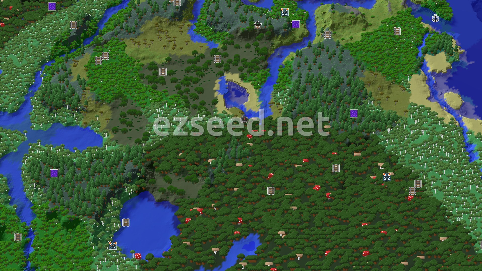 Aerial Minecraft seed map — Dark Forest Spawn with a Woodland Mansion Just Over the Hills