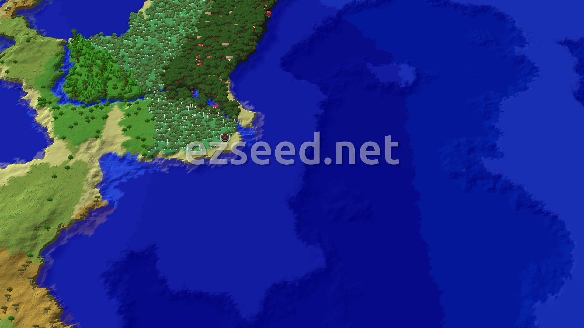 Aerial Minecraft seed map — Coastal Spawn with Nearby Treasure and Lush Jungle