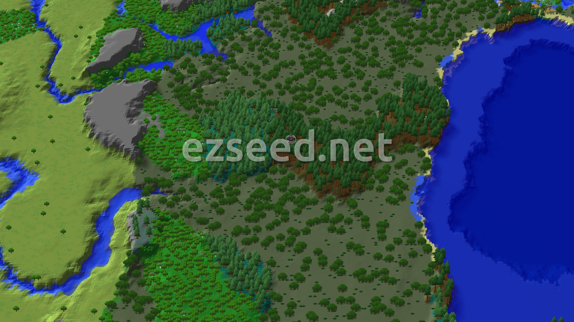A bird's-eye view of a vast forest of tall spruce trees, with some swampy areas and a large ocean to the east. Gray, rocky hills are visible to the west.