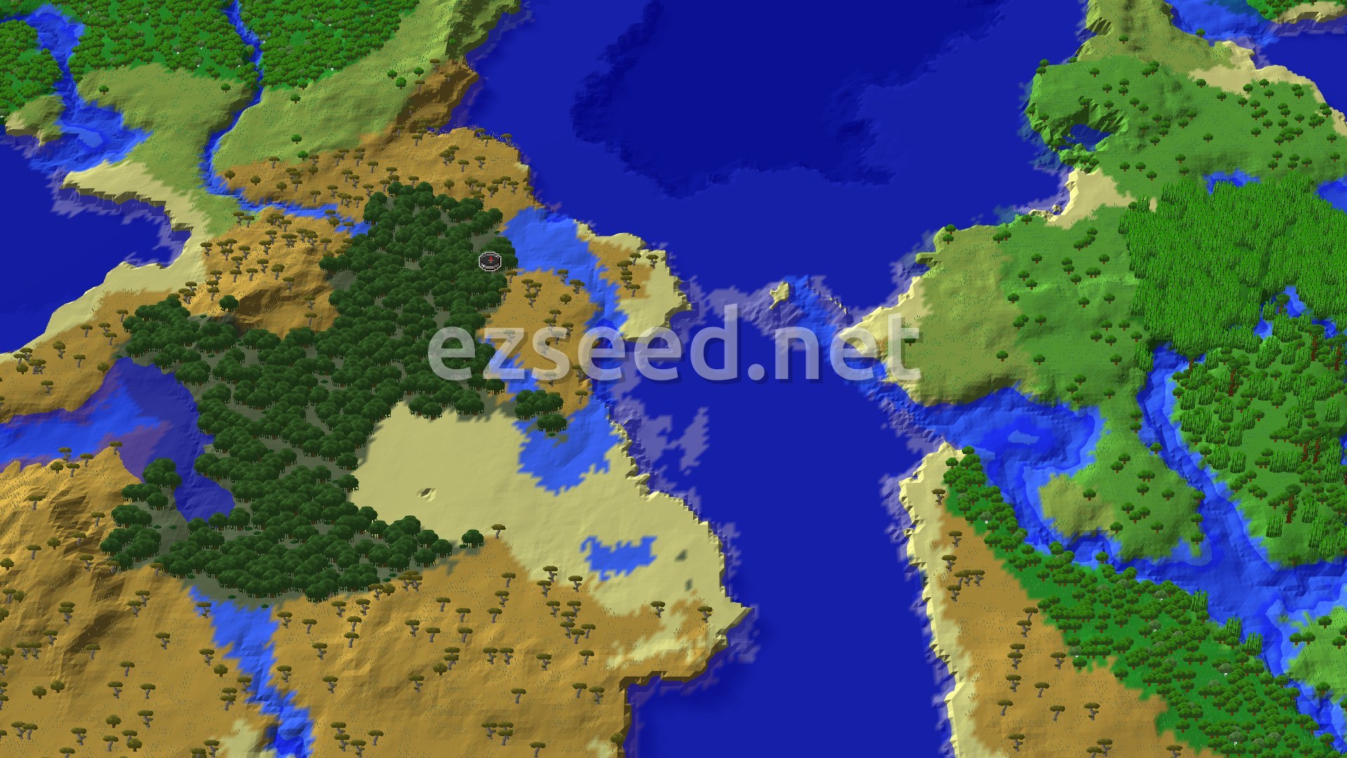 A bird's eye view of a varied landscape, featuring dense green forests, lighter green plains, sandy savannas with scattered trees, and blue rivers and oceans. A small red spawn marker sits in a mangrove swamp area.