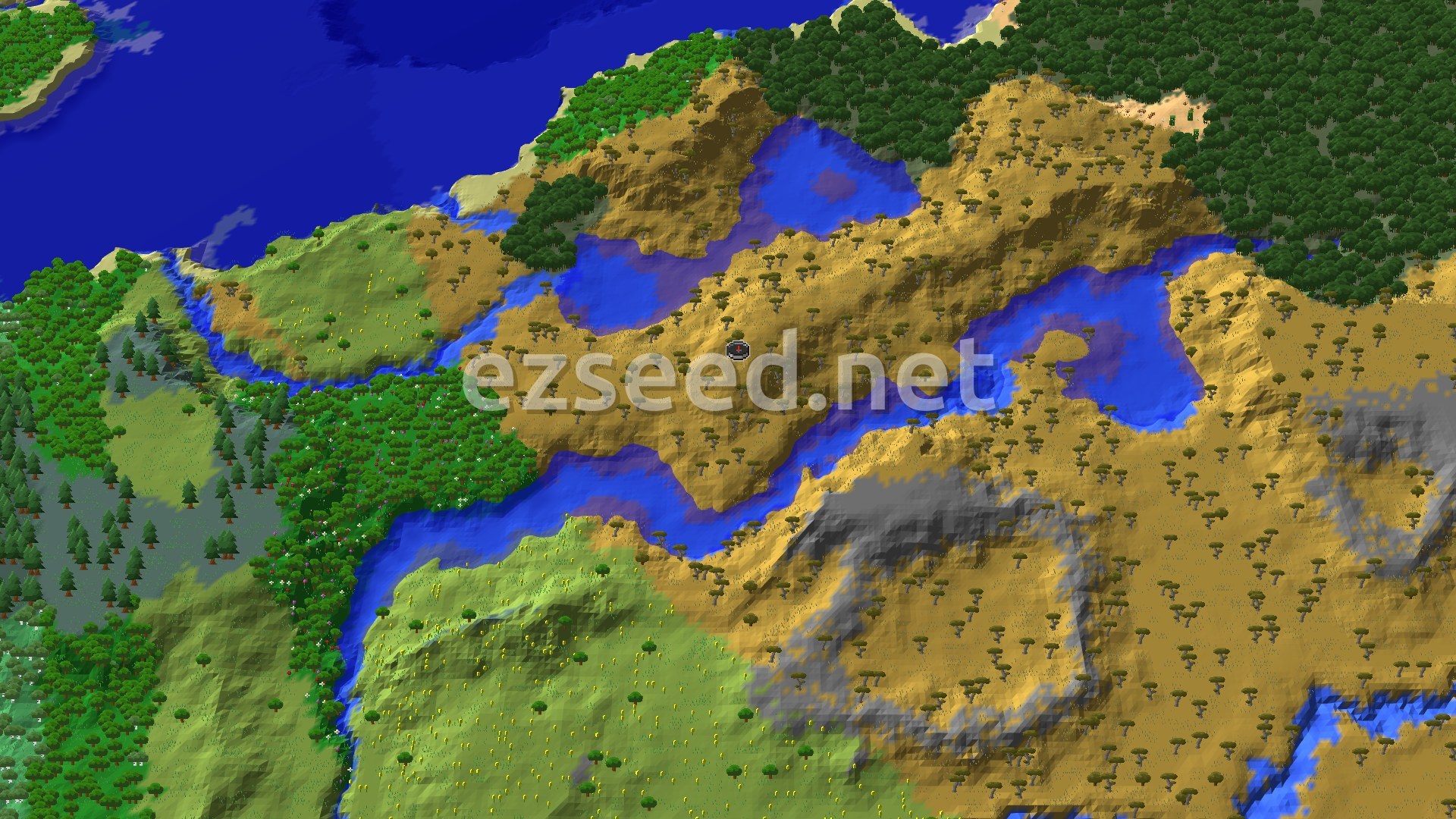 Aerial Minecraft seed map — Savanna Spawn with a Close Woodland Mansion