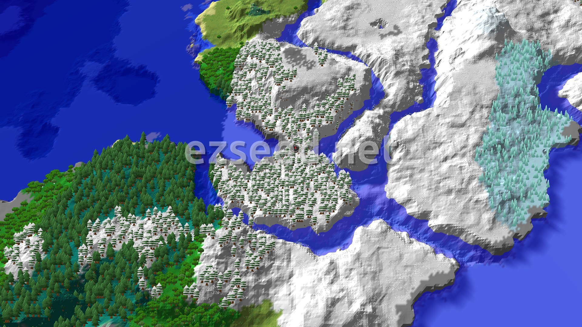Aerial Minecraft seed map — Frozen Islands with an Abandoned Village Nearby