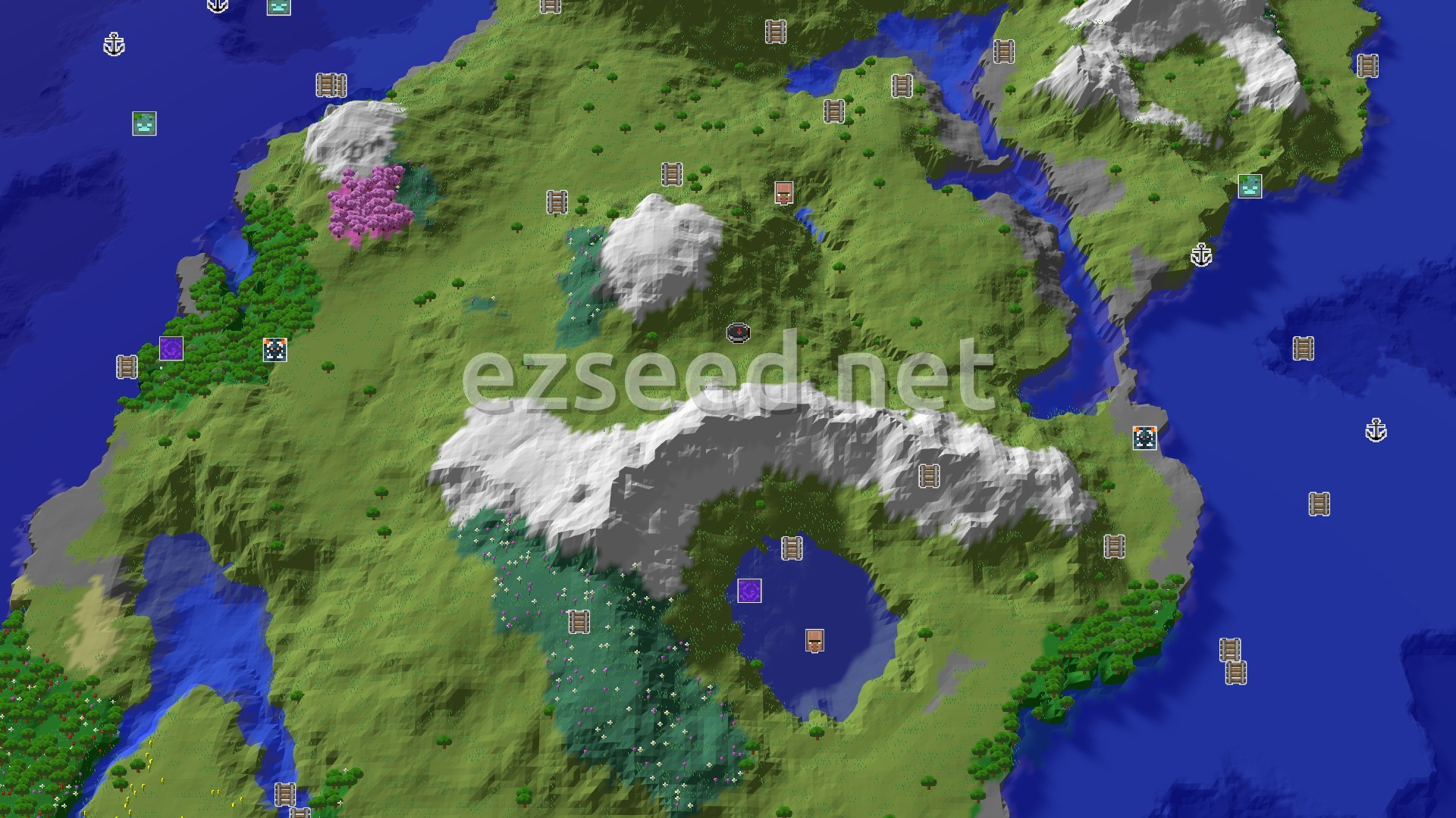 Aerial Minecraft seed map — Cherry Grove and Snowy Peaks Near Plains Spawn