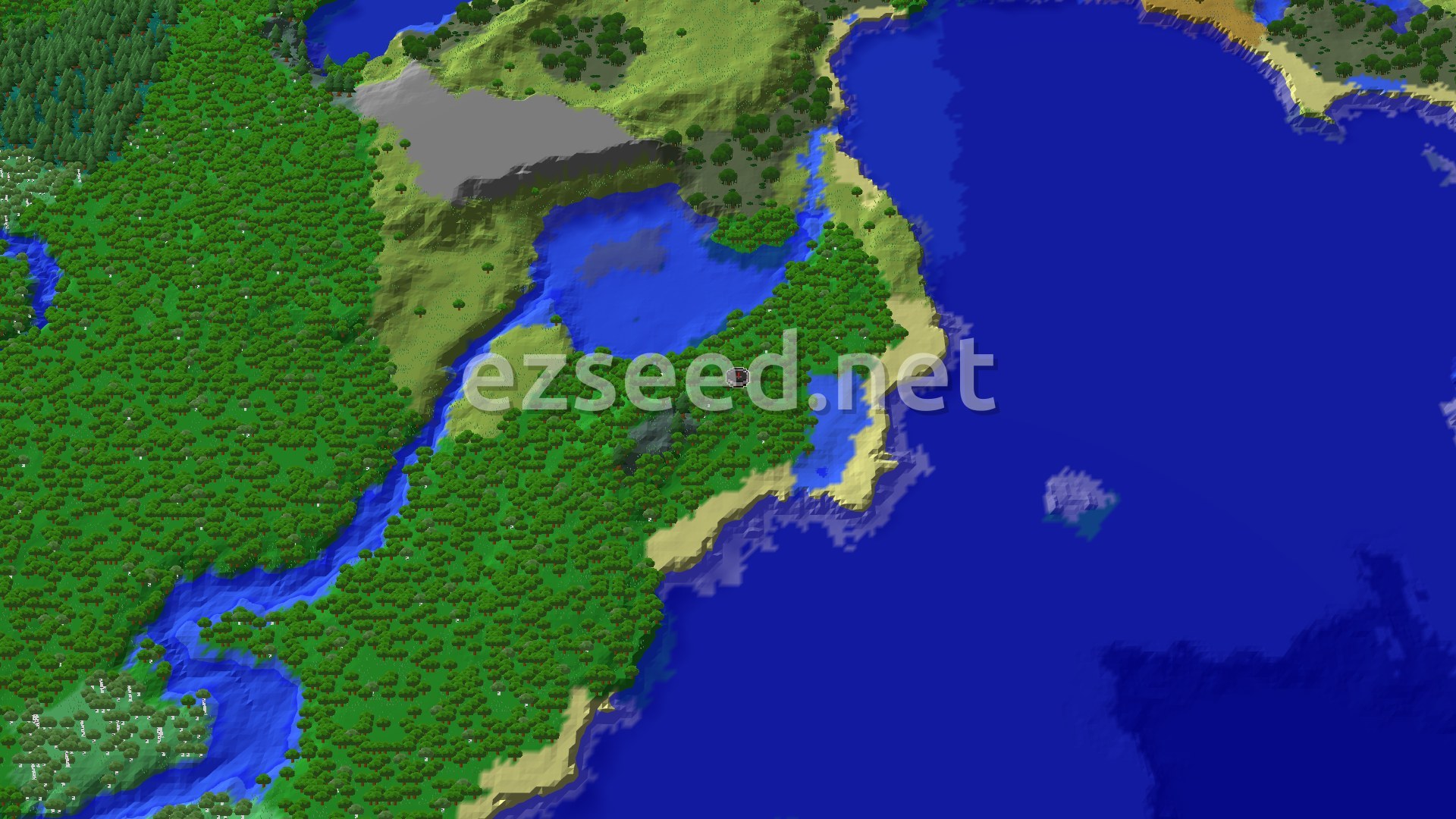 A 3D fly-over rendering of a Minecraft world, showing a dense green forest, some lighter green plains, a winding blue river, and a large blue ocean with sandy beaches. A small spawn marker is visible in the forest near the center.