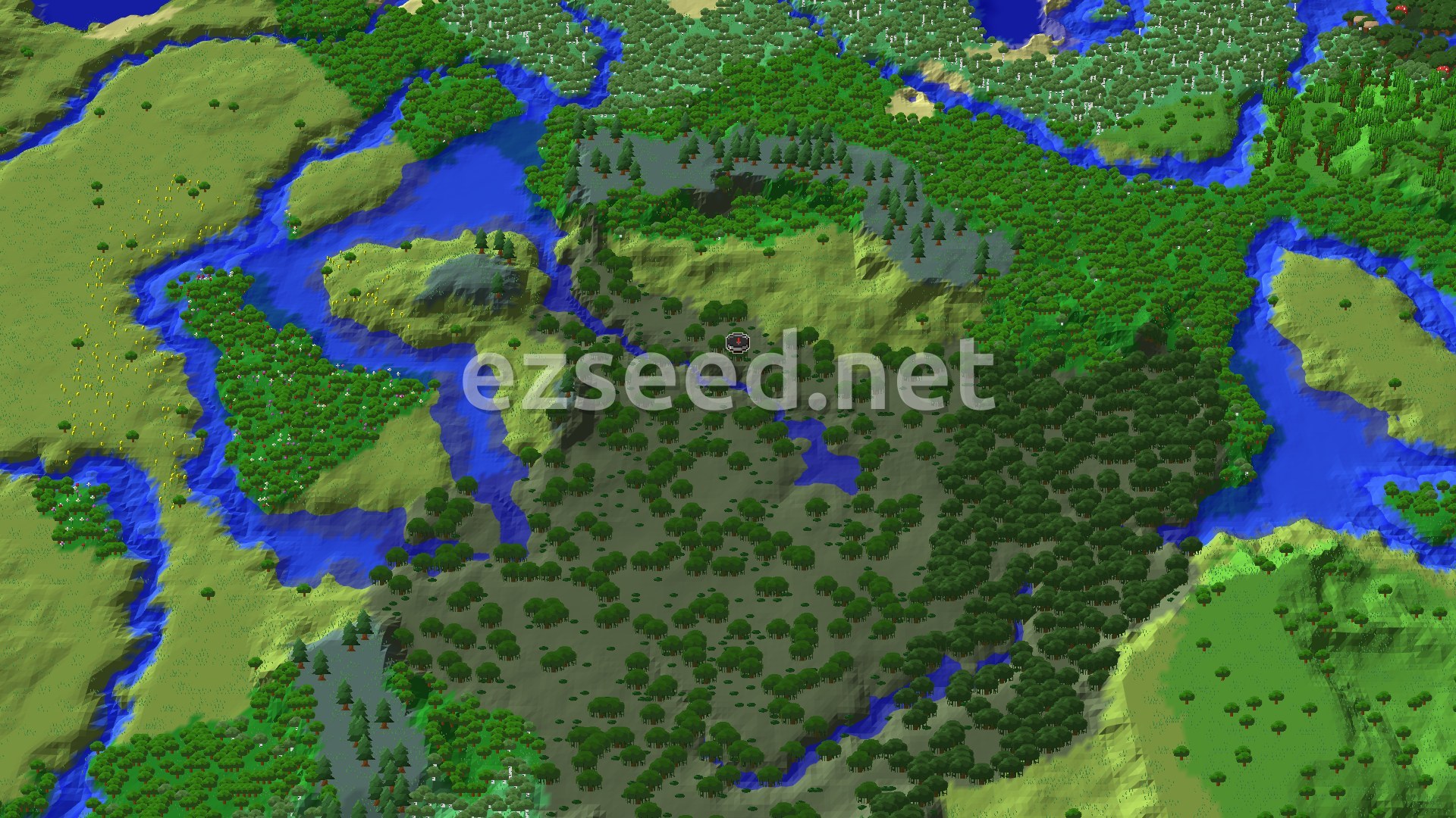 Aerial Minecraft seed map — Swampy Start with Nearby Mineshaft and Trial Chambers