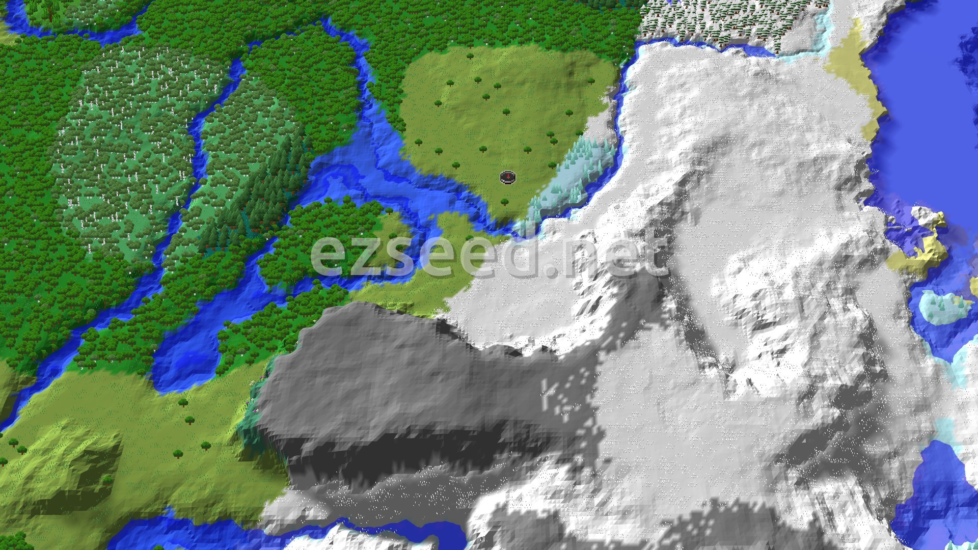 An overhead 3D view shows a central grassy plains biome with scattered trees, bordered by a dark forest to the west and a large snow-capped mountain range to the east and south. A river winds through the forest and along the edge of the plains.