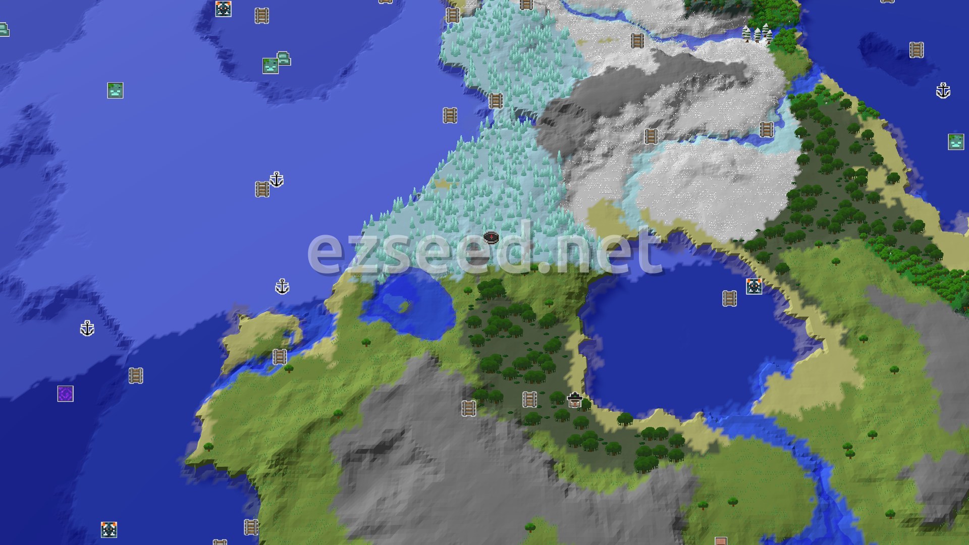 Aerial Minecraft seed map — Ice Spikes at Spawn with Close Swamp Hut