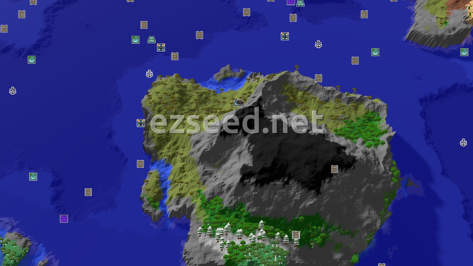 Aerial Minecraft seed map — Ancient City Spawns 11 Blocks From Your Start