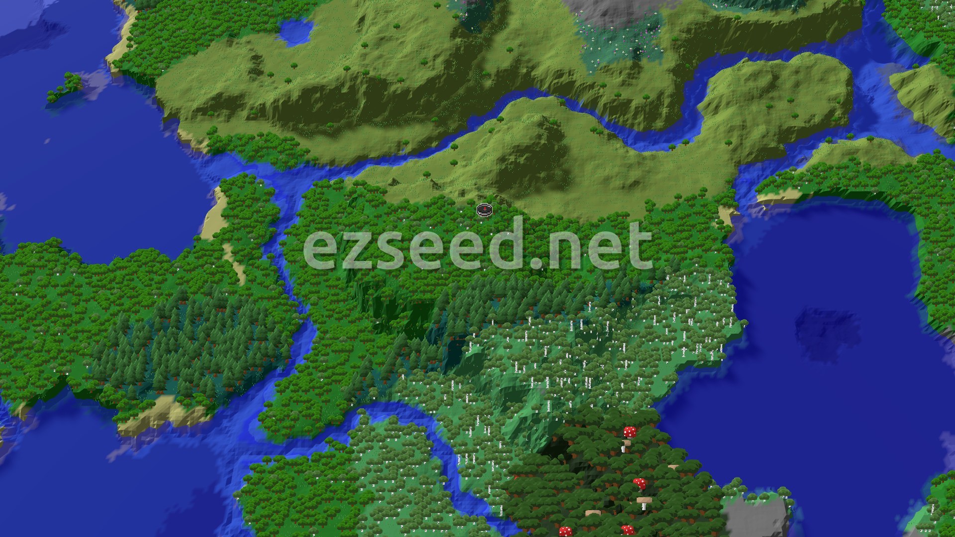Aerial Minecraft seed map — A Lush Forest Start with Diverse Biomes and Ocean Views