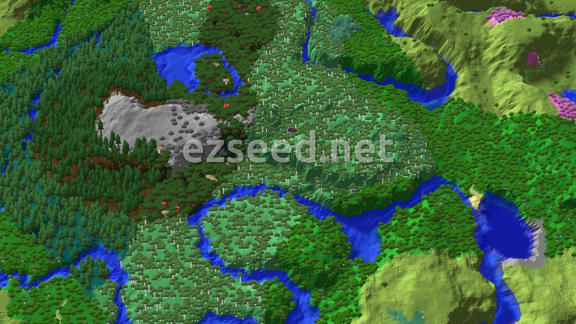 Aerial Minecraft seed map — Pale Garden and Deep Cold Ocean Nearby