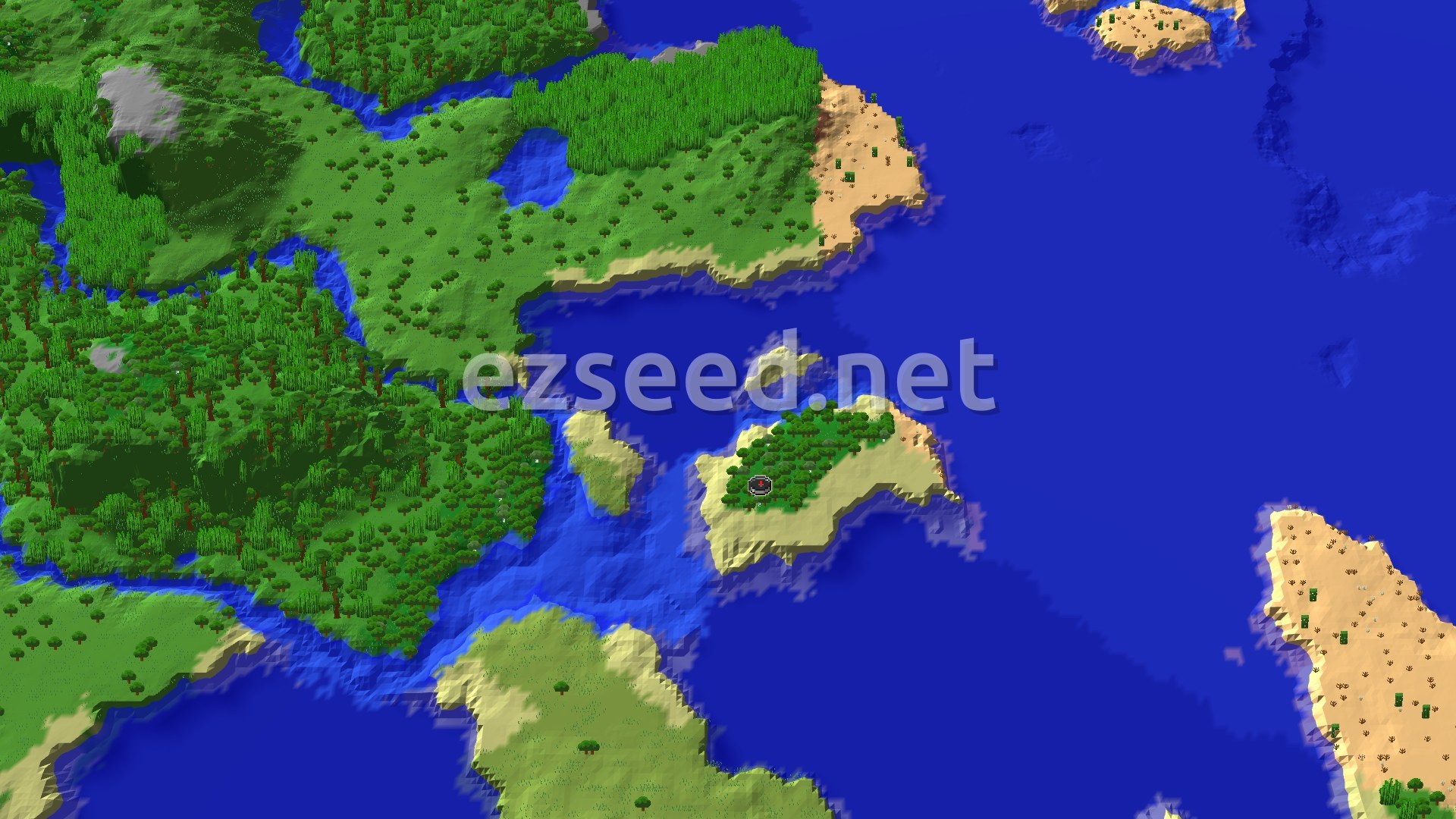 Aerial Minecraft seed map — Island Spawn with Nearby Jungles and Desert Temple